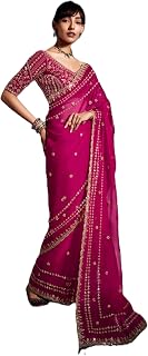Wedding Magenta Tissue Organza Beaded Blouse Women's saree Muslim Woman in Saari 9917