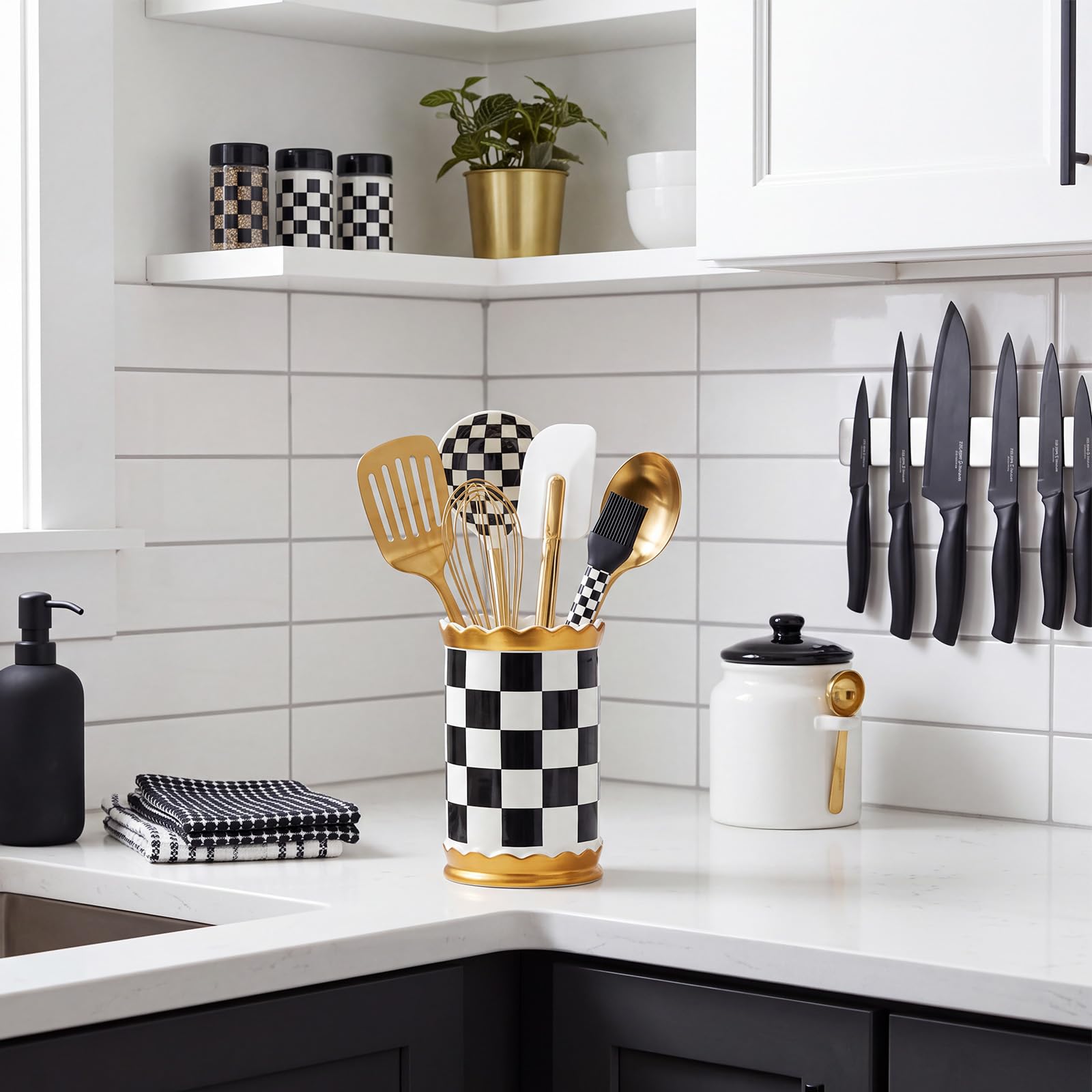 SiliFine Grande portautensili a scacchi in ceramica per utensili da cucina