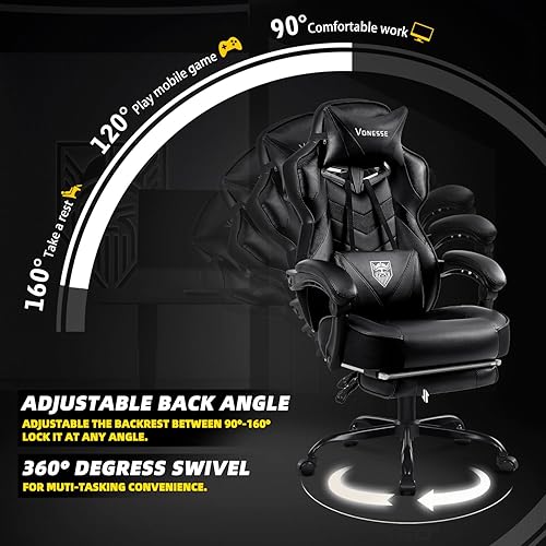 Miniatura 6 de Vonesse Silla para videojuegos, silla de computadora con reposapiés y masaje, silla de jugador de respaldo alto grande y alta, sillas reclinables