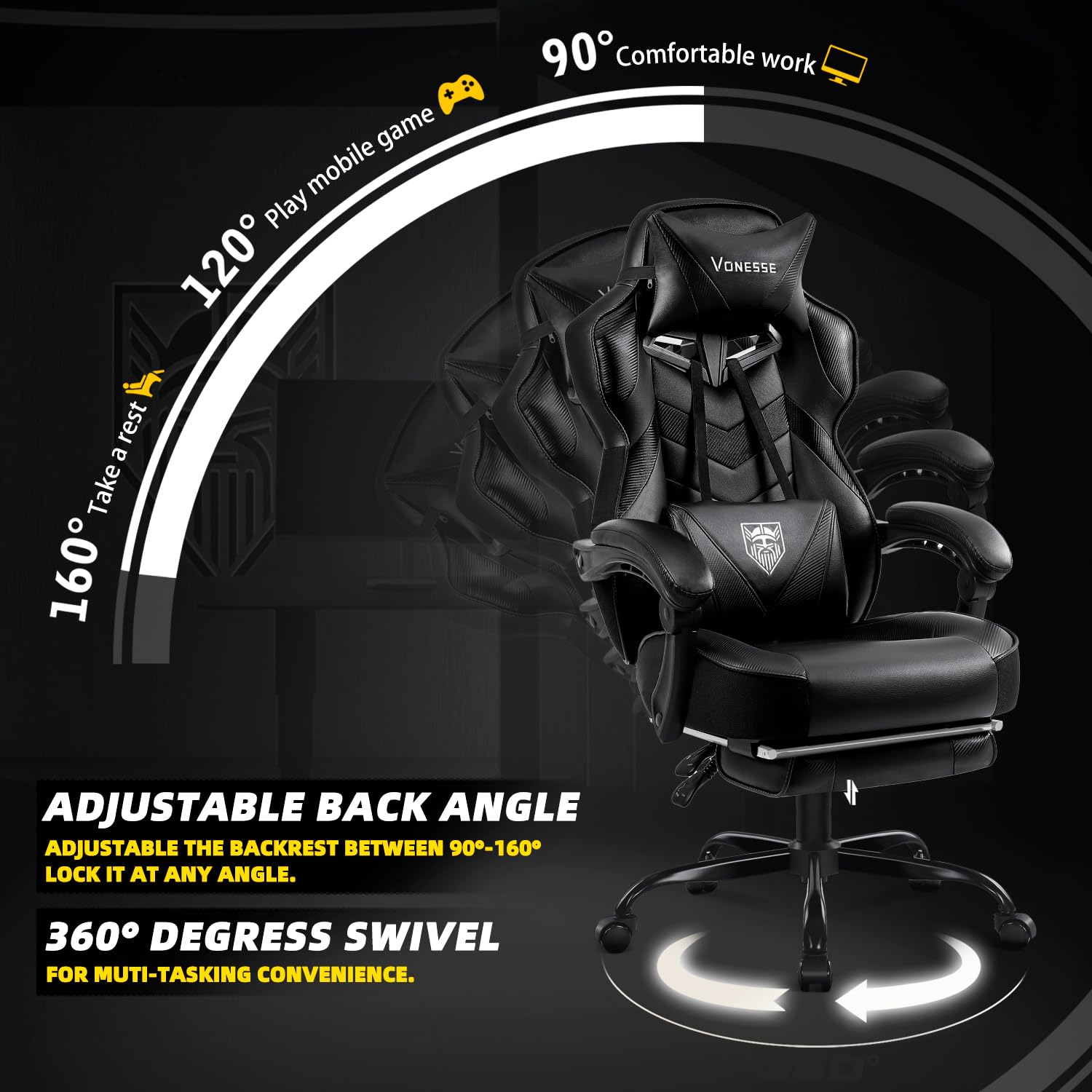 Vonesse Gaming Chair, High Back Gaming Chair with Footrest and Massage, Gaming Chairs for Adults with Pocket Spring Cushion, Big and Tall Reclining Computer Chair with Lumbar Support (): Classic Black
