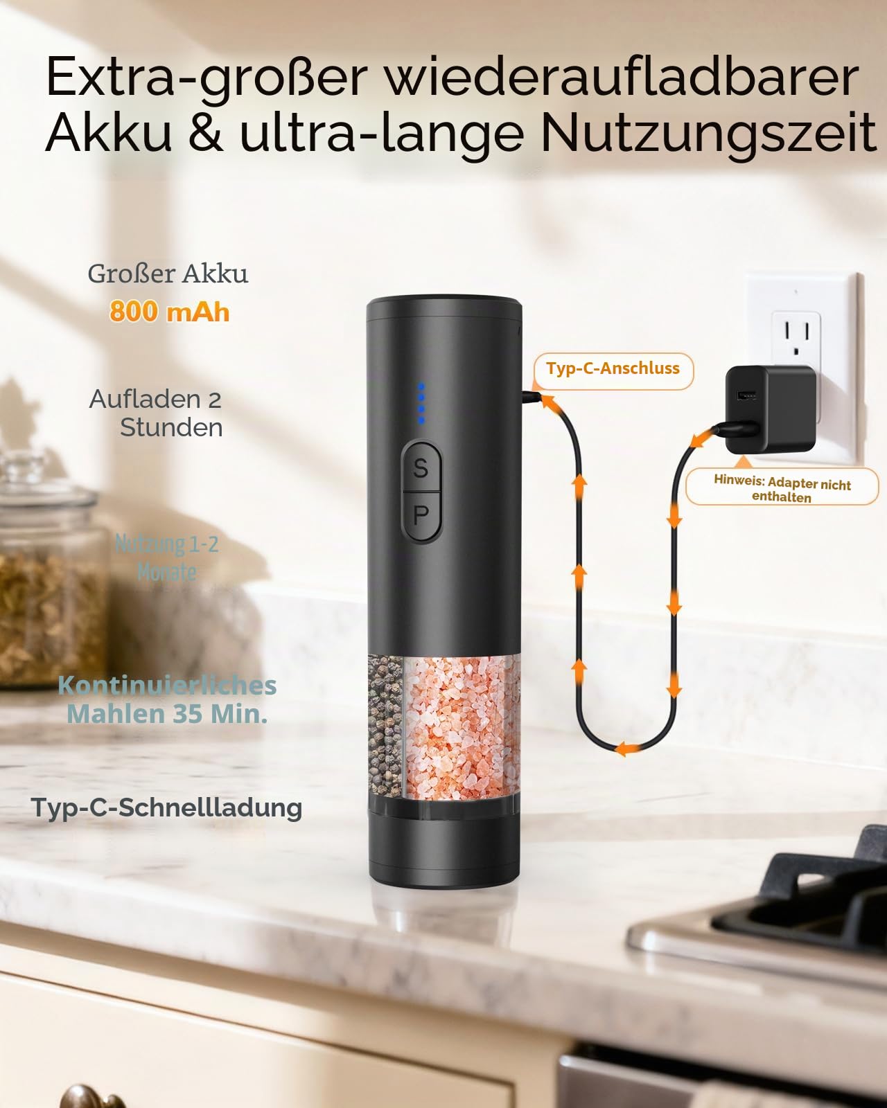 AMOSA Salz und Pfeffermühle Elektrisch, 2-in-1 Doppelbehälter USB Aufladbar, Nachfüllbar Automatisch Pfeffer Und Salzmühle mit LED-Licht, Dual Keramikmahlwerk, Einstellbare Mahlgradstärke, Schwarz