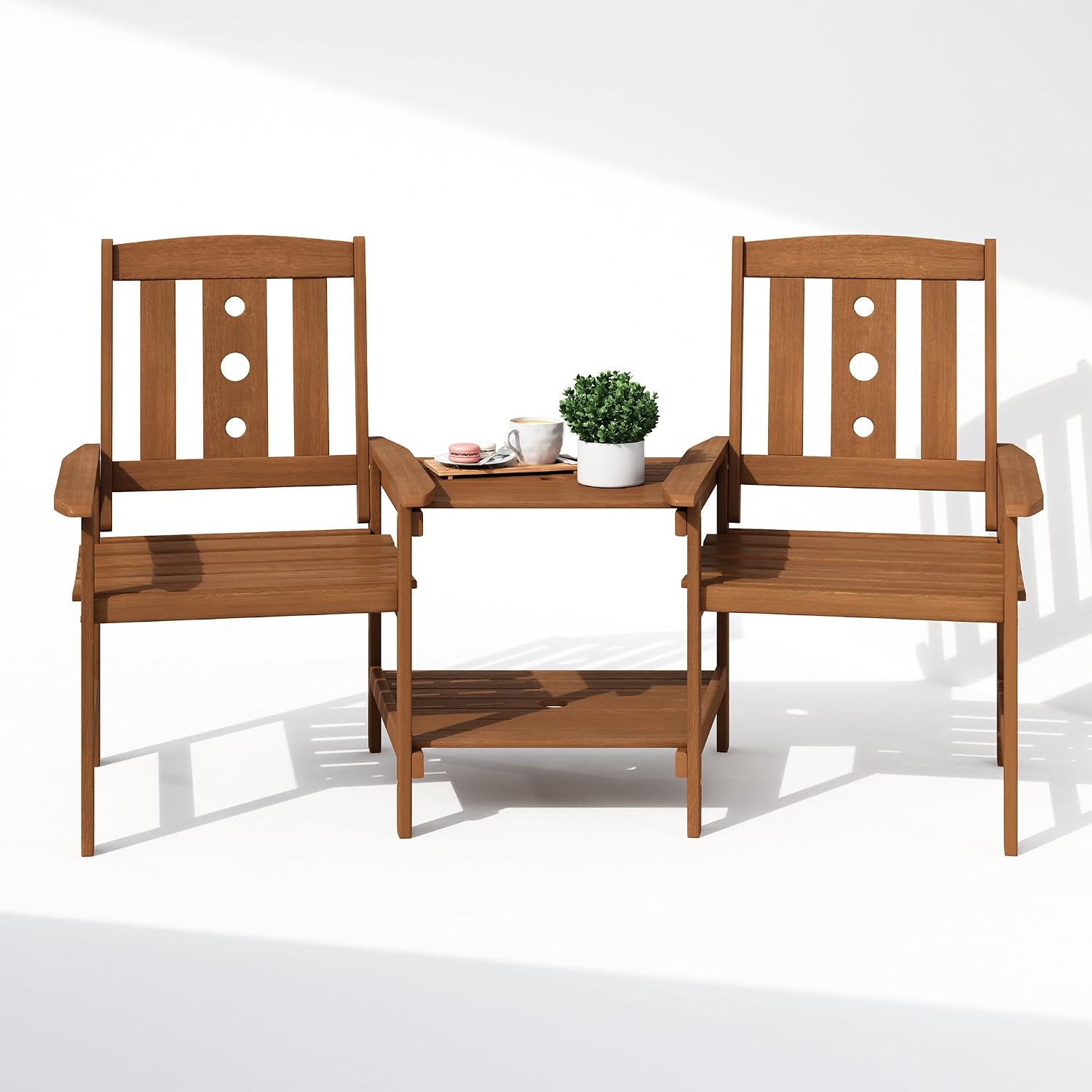 Furinno DALAM Outdoor Dining Set, Bistro Set with Attached Coffee Table and Umbrella Hole, for Patio, Garden, Porch, Natural