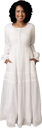 Women's Modest White Full Length Long Sleeve Cotton Dress with Button Front