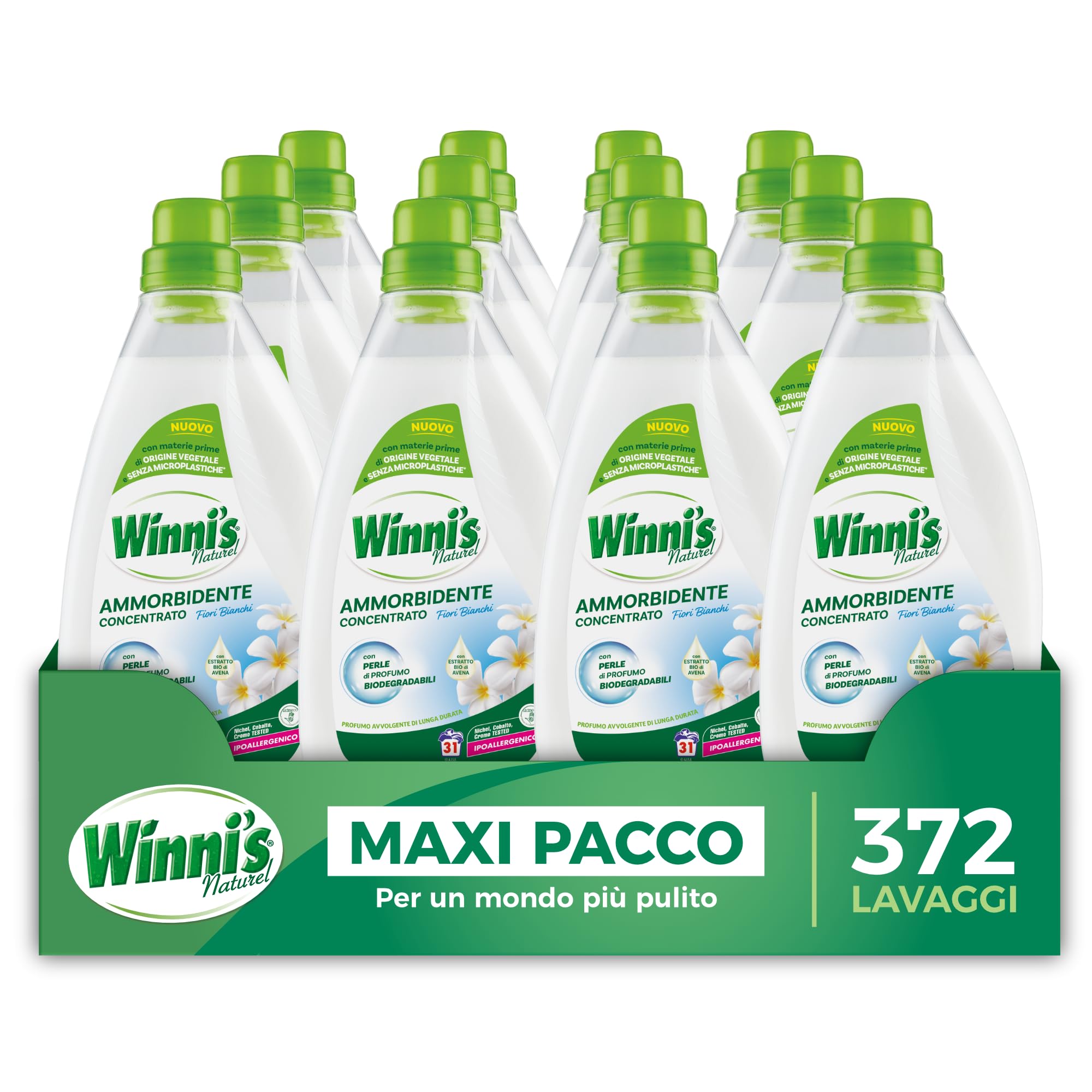 Winni's - Weichspüler, hypoallergen, Ökoform, 372 Waschgänge, weißer Blumenduft, mit biologisch abbaubaren Duftperlen, 775 ml x 12 Packungen