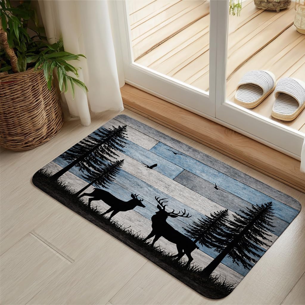 Rustic Cabin Deer Shower Curtain Set with Toilet Lid Cover and Non-Slip Bathroom Rugs, Wild Animal Deer and Bird Tree in Forest on Blue Gray Wood Shower Curtain Bathroom Decor,72L X 72W inches