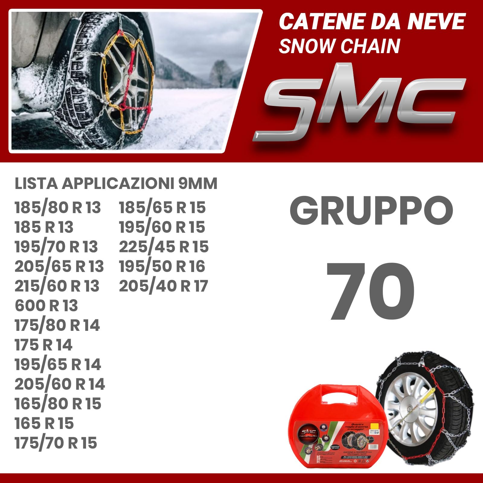 Catene da Neve OMOLOGATE O-Norm TUV SMC 9mm per Pneumatici GOMME 195/60 R 15
