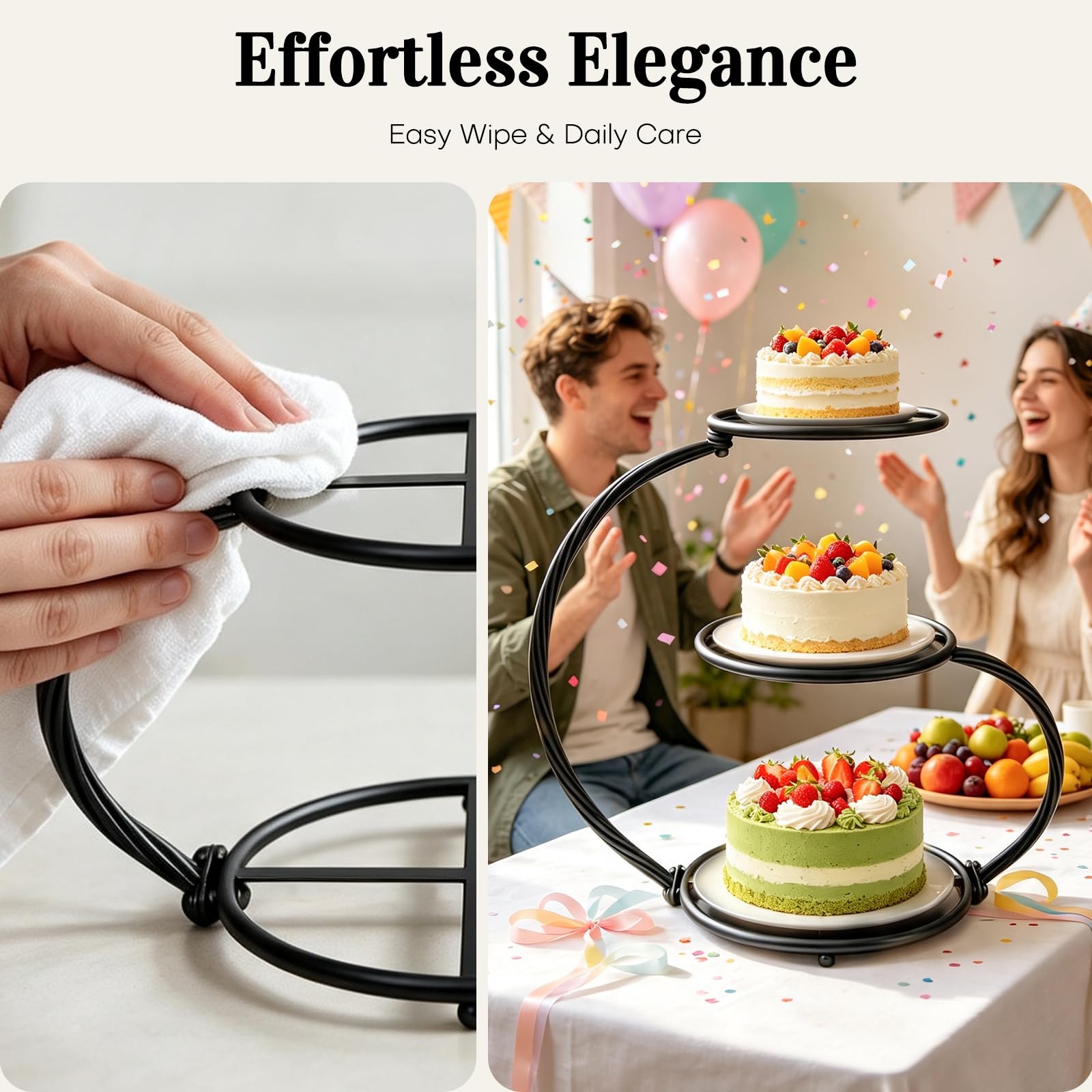 Présentoir à gâteaux vintage à 3 étages en fer noir pour mariage, anniversaire, fête prénuptiale et goûter l'après-midi