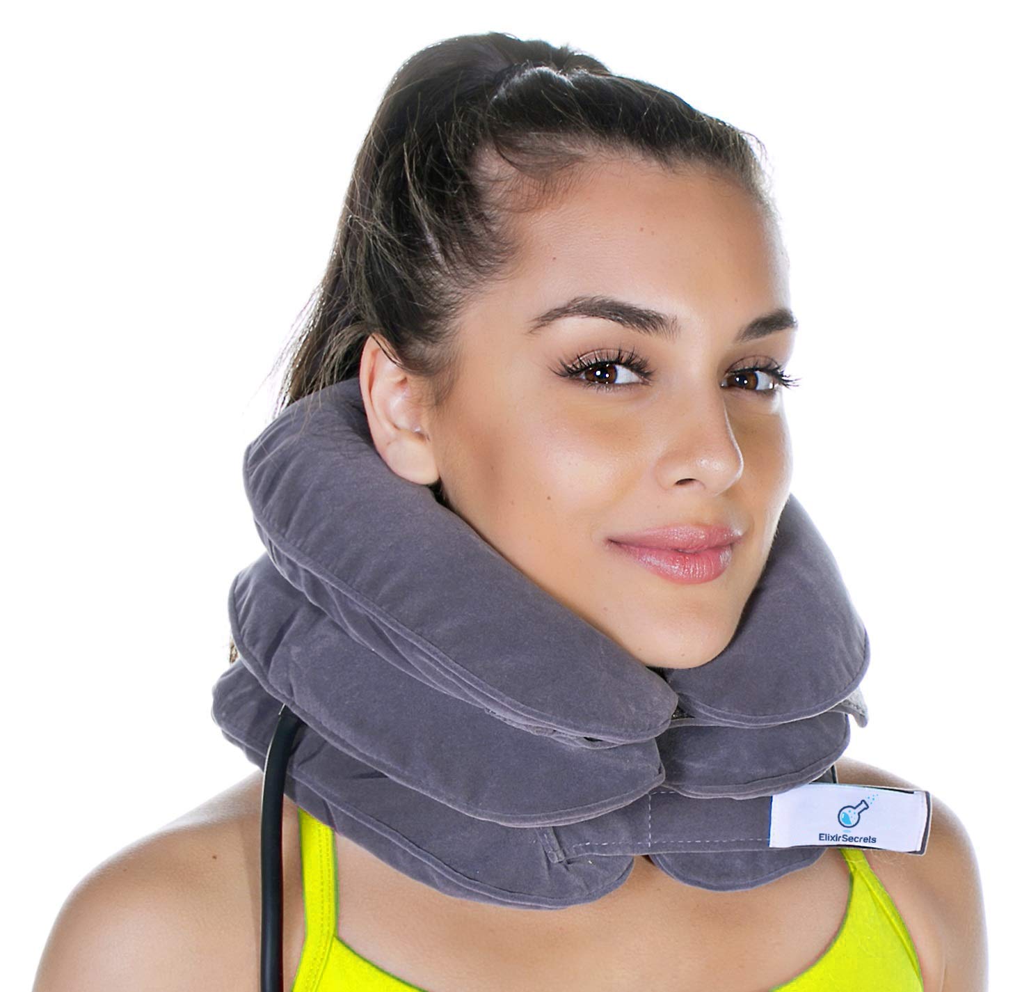Cervical Neck Traction Device by Elixir Secrets - Inflatable Neck Stretcher for Instant Professional Neck Pain Relief at Home - Adjustable and Soft Neck Decompression Pillow/Brace with Air Pump