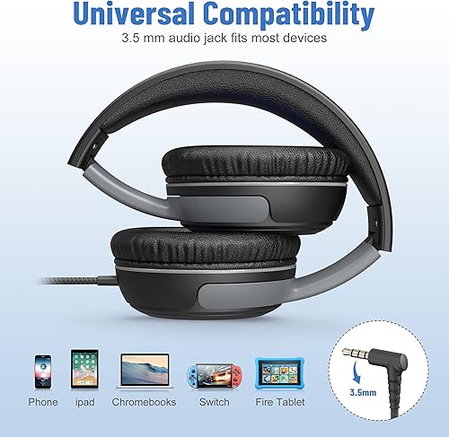 Miniatura 6 de rockpapa Share 1 Auriculares para niños con cable con micrófono y puerto compartido, 85dB94dB volumen limitado, lindo plegable estudiantes niños