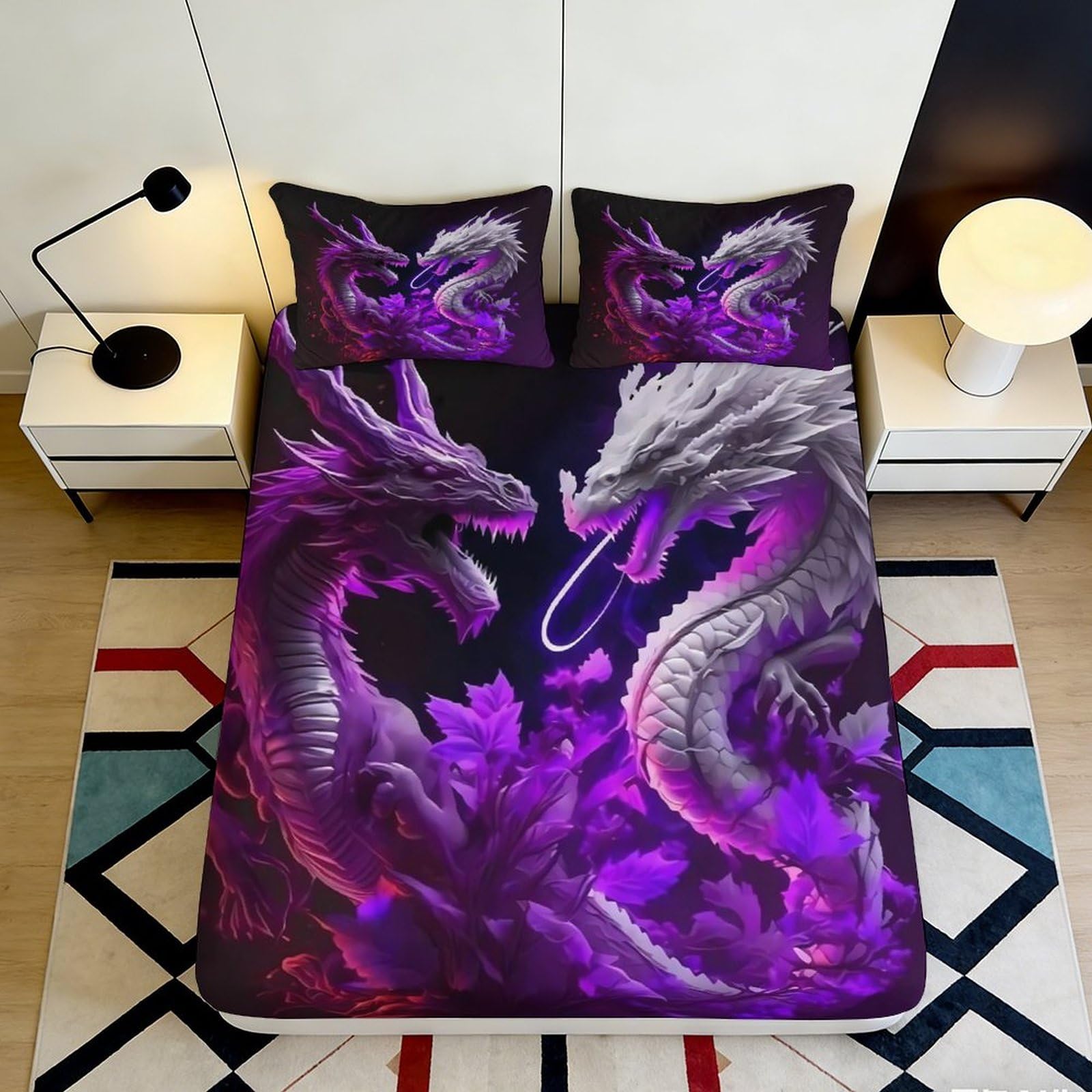 3D Printed Purple Dragon Fitted Sheet Microfiber Deep Pocket Purple Dragon Mattress Fitted Cover Non-Slip All-Age Bedding 120x200x25cm