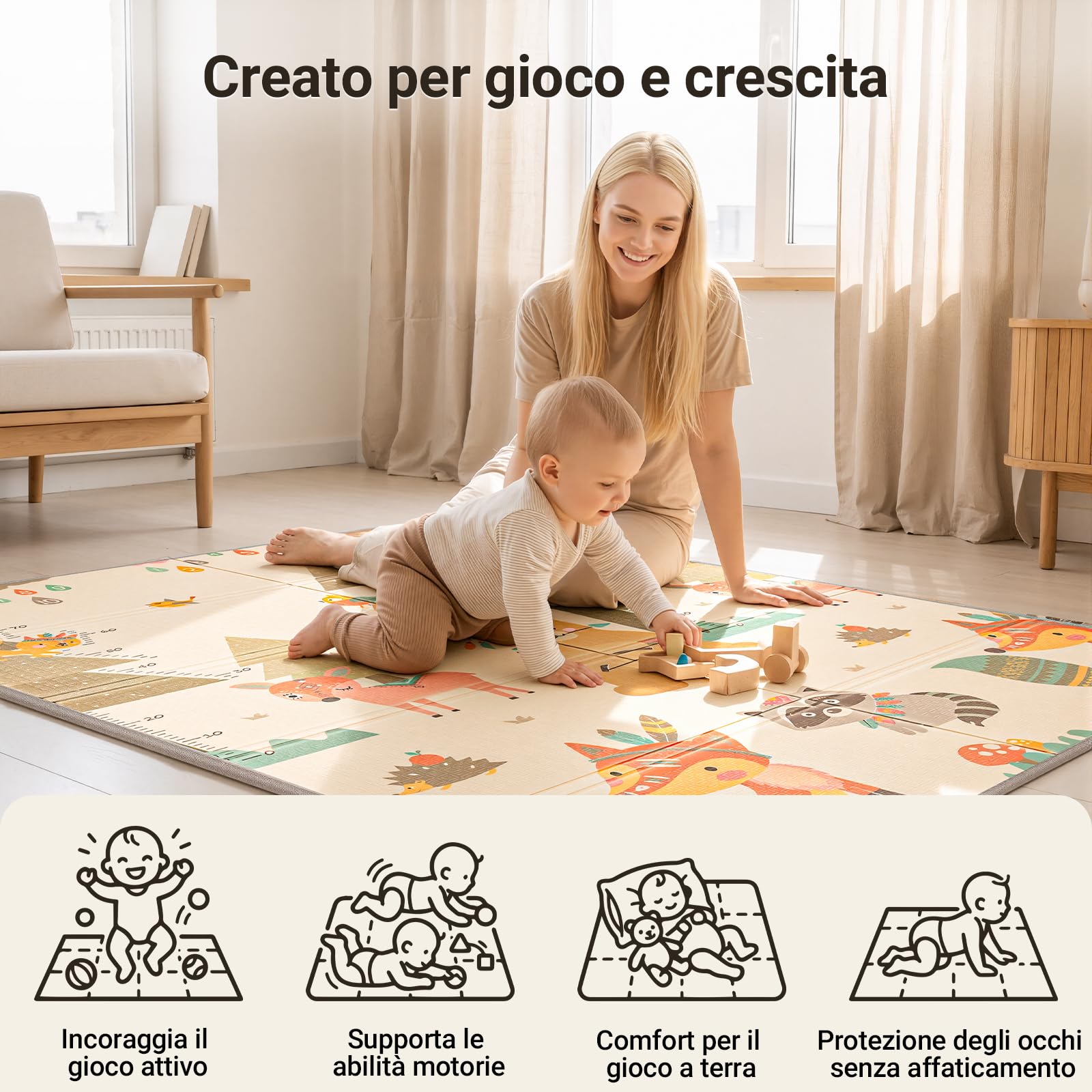 COSYLAND Tappeto Gioco Bambini Pieghevole Neonato - Tappeto Gioco Neonato Impermeabile Morbido 150 x 180 x 1cm,Tappetino per Attività, Schiuma Sicura, Reversibile, Regalo Bambino (Animali)