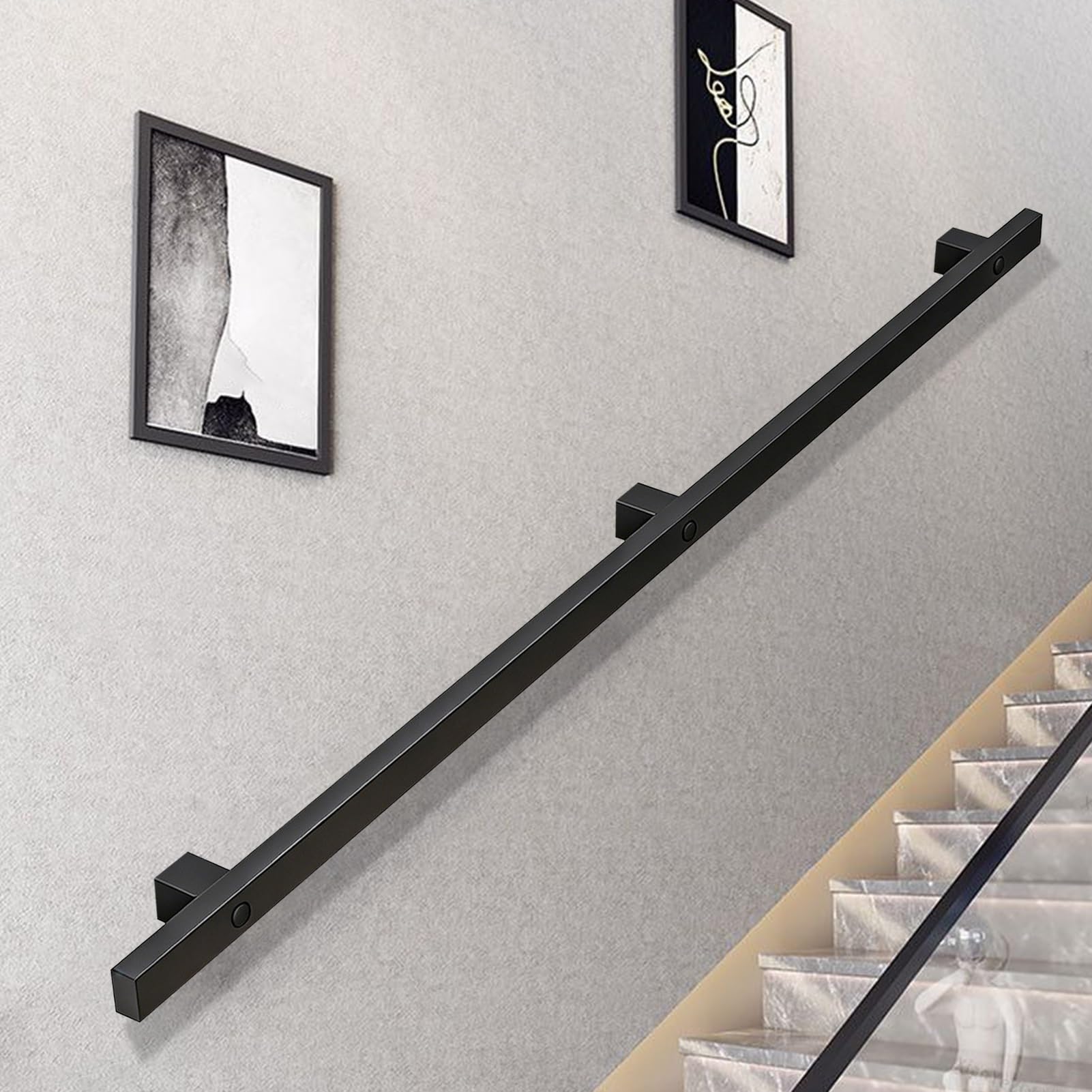 Wall Handrail 60cm 80cm 1.5m 2m 3m, Industrial Staircase Railing Square Tube Galvanized Handrails for Indoor Stairs with Wall Mount Support, Easy to Install(3ft/90cm)