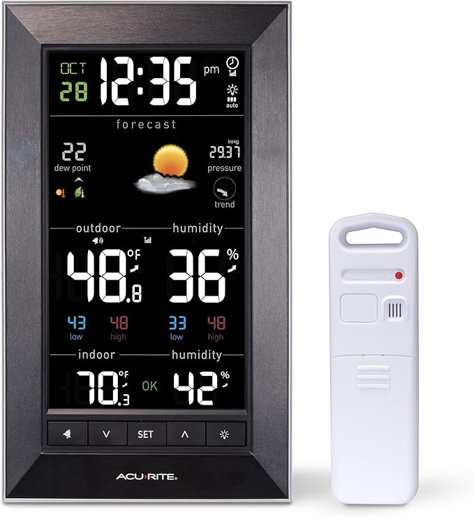 AcuRite Digital Vertical Weather Forecaster with Indoor/Outdoor Temperature, Humidity, and Date and Time (01121M) , BLACK