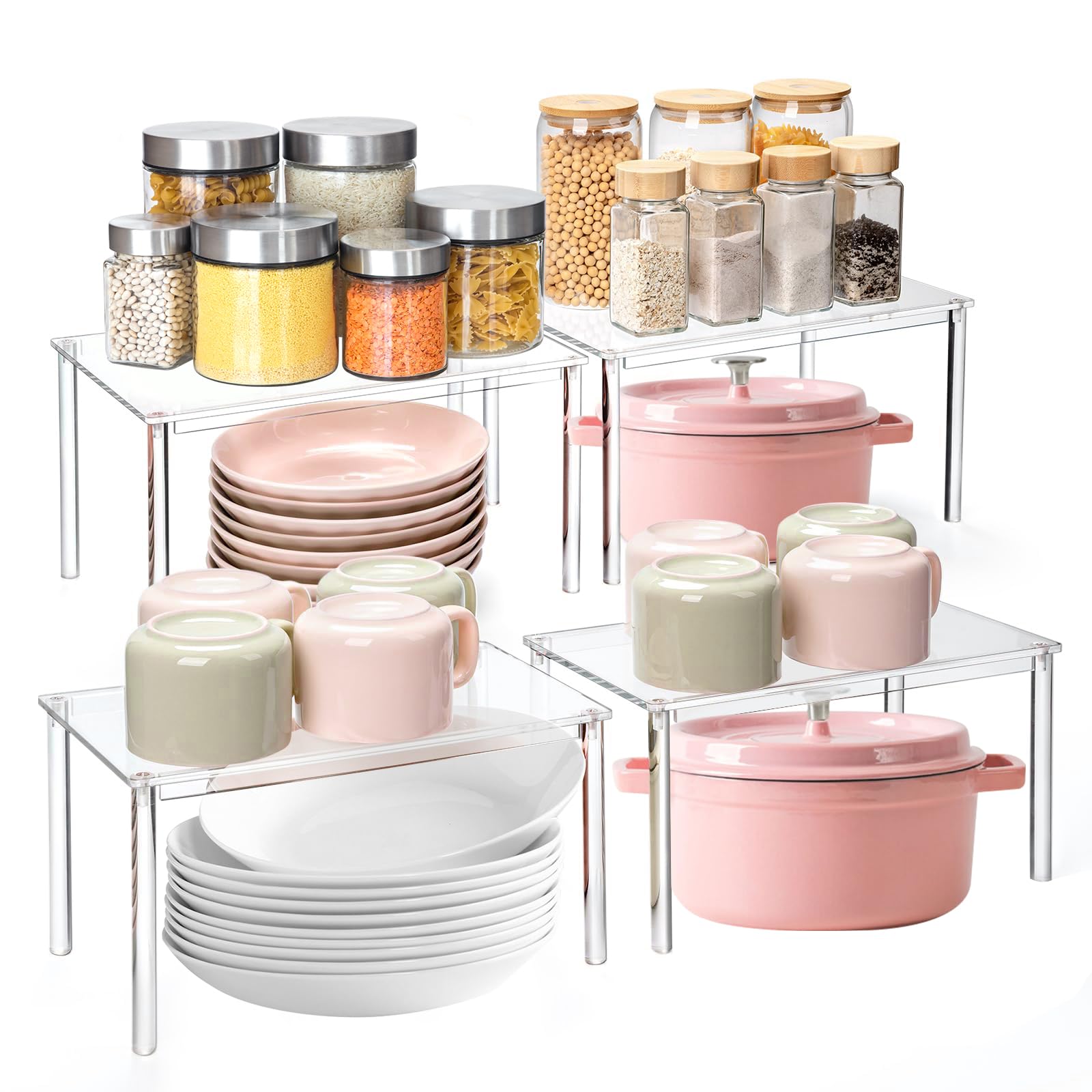 4 unidades de organizador de cocina apilable para especias | Organizador de armario de cocina transparente, estante de cocina, soporte para vasos, ampliable para encimeras de cocina