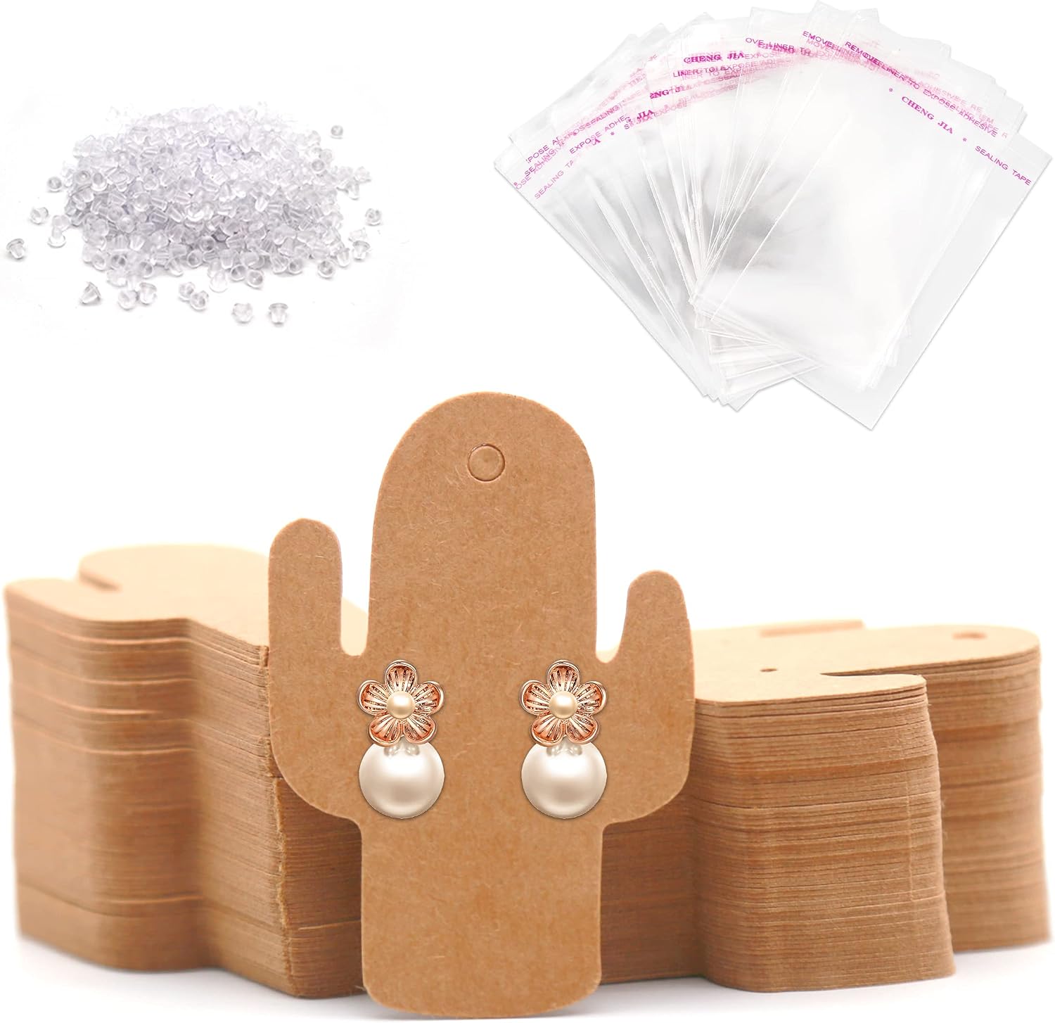 Lesnala 300 Pcs Cactus Earring Display Card,with 300 Self-Seal Bags and 300 set Earring Backs for DIY Ear Studs and Jewelry Display in Store,Personal Collection and Jewelry boxes
