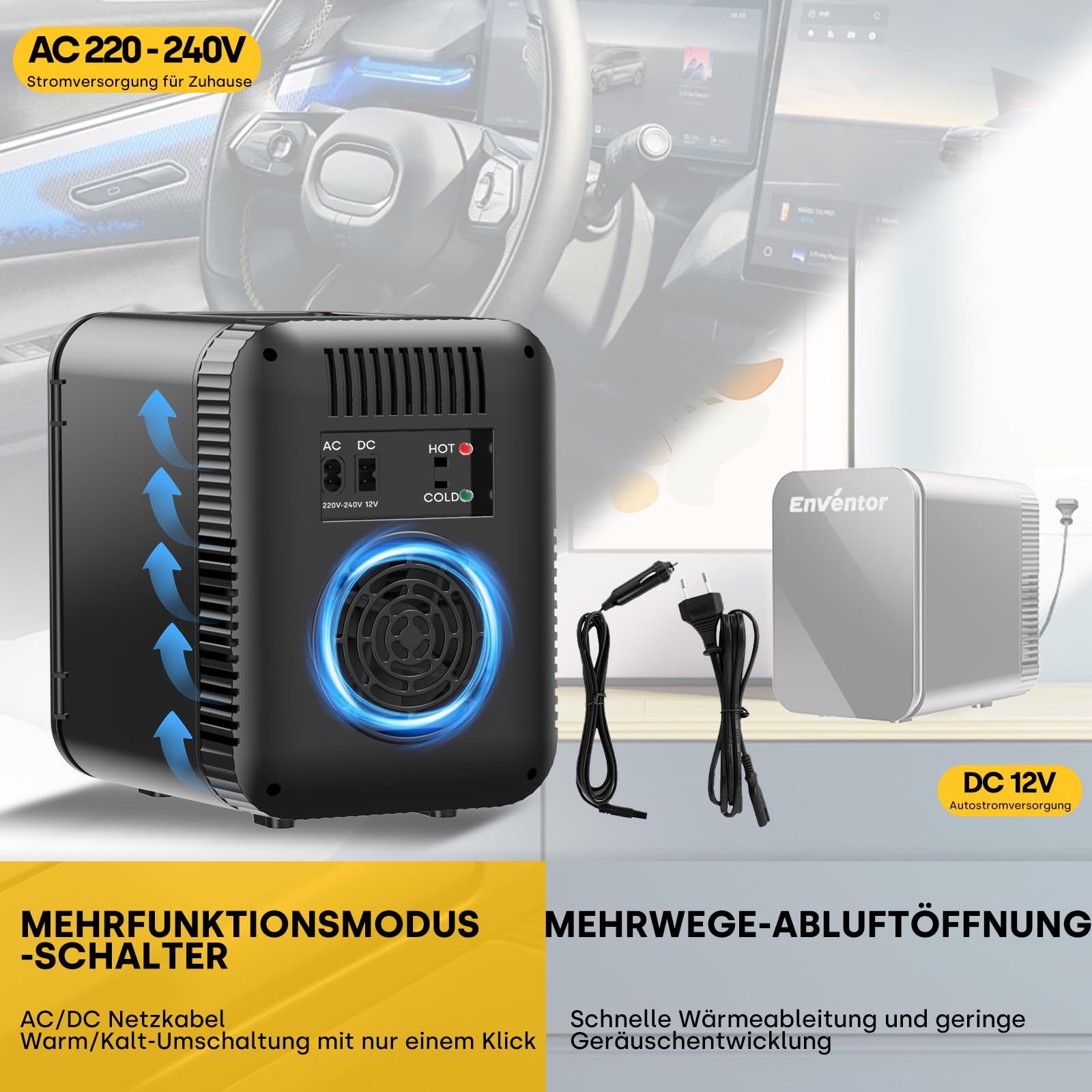 Enventor Mini Kühlschrank 4L 6 Dosen 12V/220V Kühl- und Heizfunktion Leise für Auto Schlafzimmer Büro Schwarz