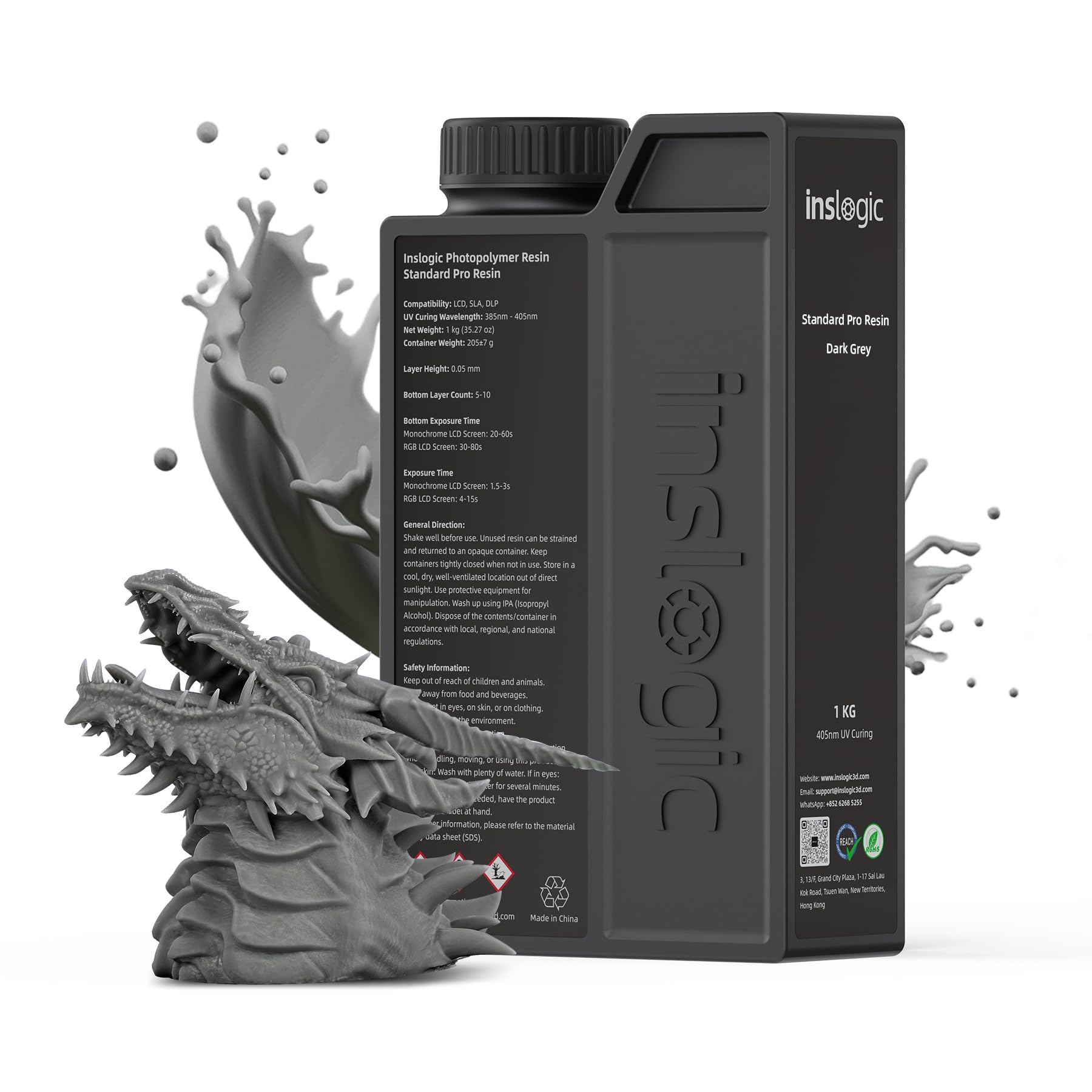 Inslogic Żywica do drukarki 3D, Standard Pro Resin 405nm UV-Curing 3D Resin do druku LCD/DLP/SLA 3D, wysoka precyzja, niski skurcz i szybkie utwardzanie (ciemnoszary, 1kg)