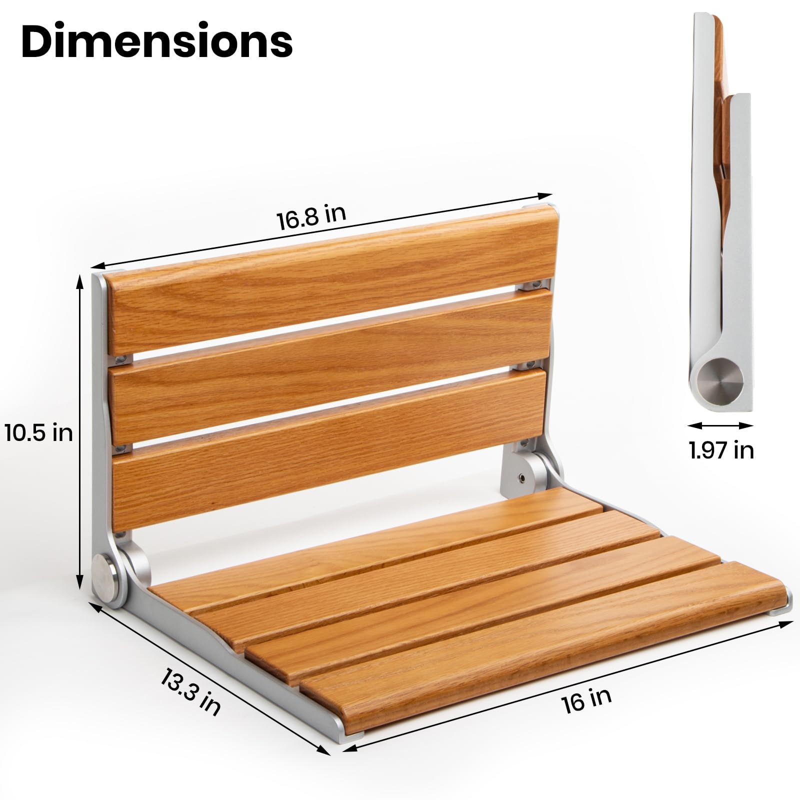 Asiento de ducha plegable montado en la pared, silla de ducha plegable de 16 pulgadas, silla de madera maciza, marco de acero inoxidable, 400 libras, asiento de ducha plegable que ahorra espacio
