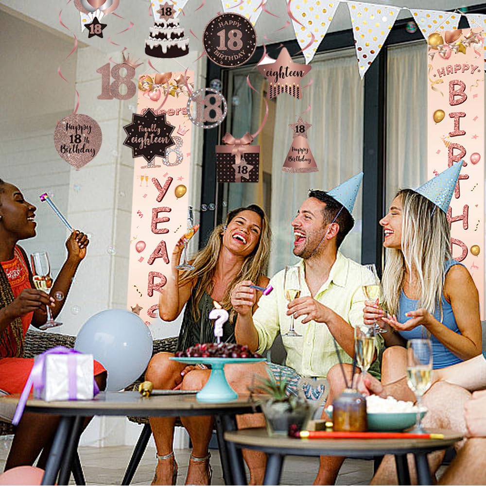 Geburtstags-Banner „Happy 18th Birthday“ – Roségold, Mit 6 Hängenden Luftschlangen, Für Deko