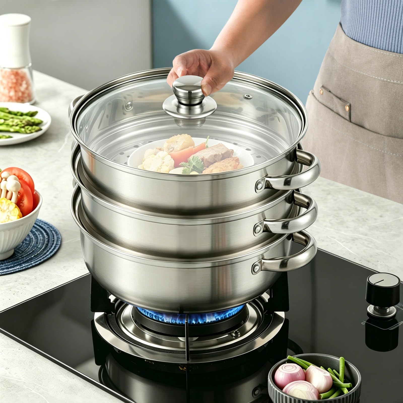 Pentola a vapore in acciaio inox, a 3 ripiani, 28 cm, in acciaio inox, set di pentole professionali multifunzione, pentola integrata, coperchio in vetro con foro di sfiato, adatto a induzione