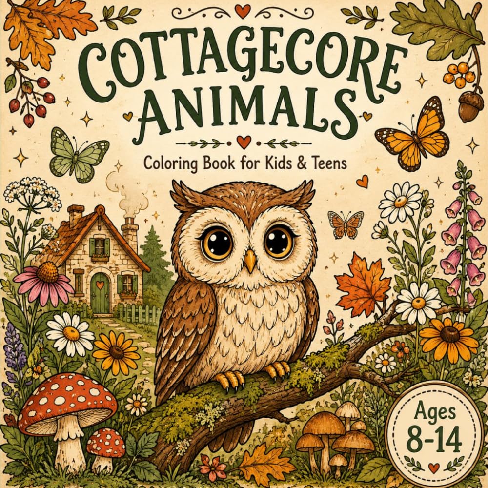 Cottagecore Animals Coloring Book for Kids and Teens: 40 Bold & Easy Cozy Woodland Creature Designs — Owls, Foxes, Deer, Butterflies & More for Relaxation and Stress Relief