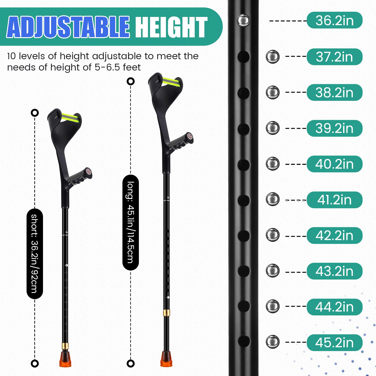 Geiserailie 2 muletas de antebrazo para adultos, muletas plegables ligeras y ajustables con empuñaduras de goma para un agarre cómodo, bastón de antebrazo de aluminio con puños para caminar, color