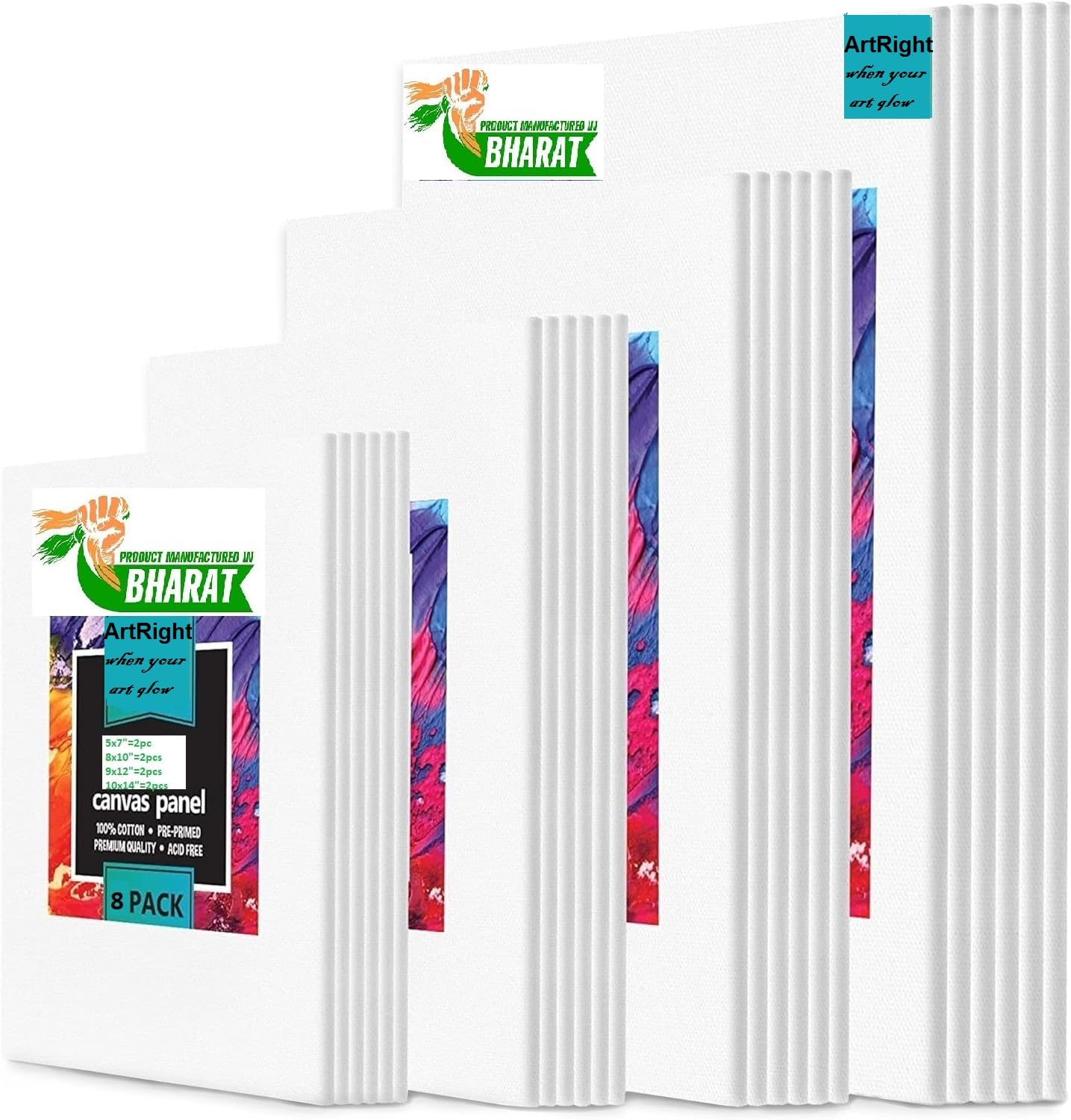 ArtRIght Cotton Canvas Board for Oil Acrylic Painting Set (2X(5x7, 8x10, 9x12, 10x14) Multi Pack, Primed White Blank- Artist Canvas Boards for Painting, ((Total 8 PC (2X(5x7, 8x10, 9x12, 10x14)))