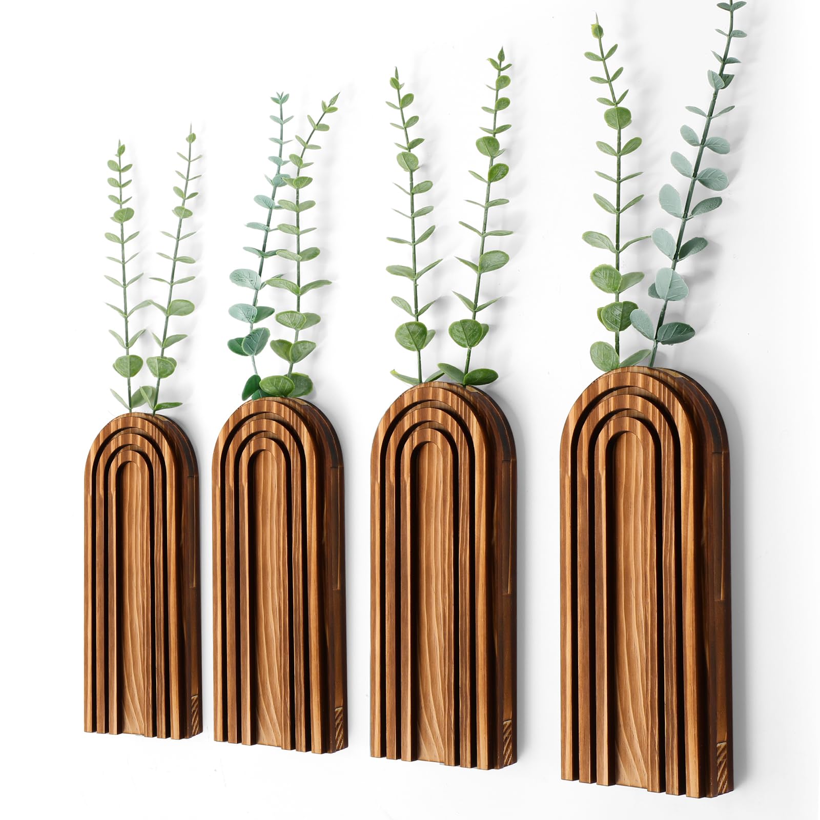Ziliny 4 Pack Wood Wall Planter Indoor Wall Decor Plant Holders Boho Wood Hanging Planter Wood Vases for Modern Farmhouse Living Room Bedroom Rainbow Decor (Dark Brown)