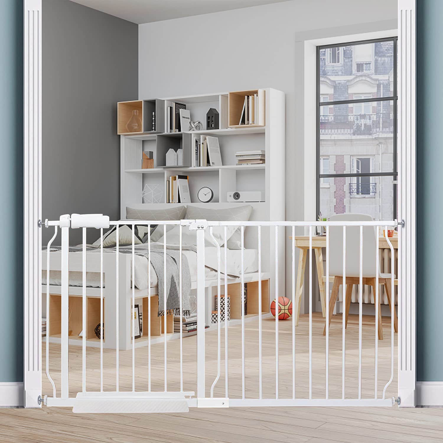 HOOOEN Extra Wide Baby Gate Extra Tall Dog Gate for Stairs Doorways White Metal Tension Child Pet Safety Gates with Pressure Mount 57.5-62 Inch