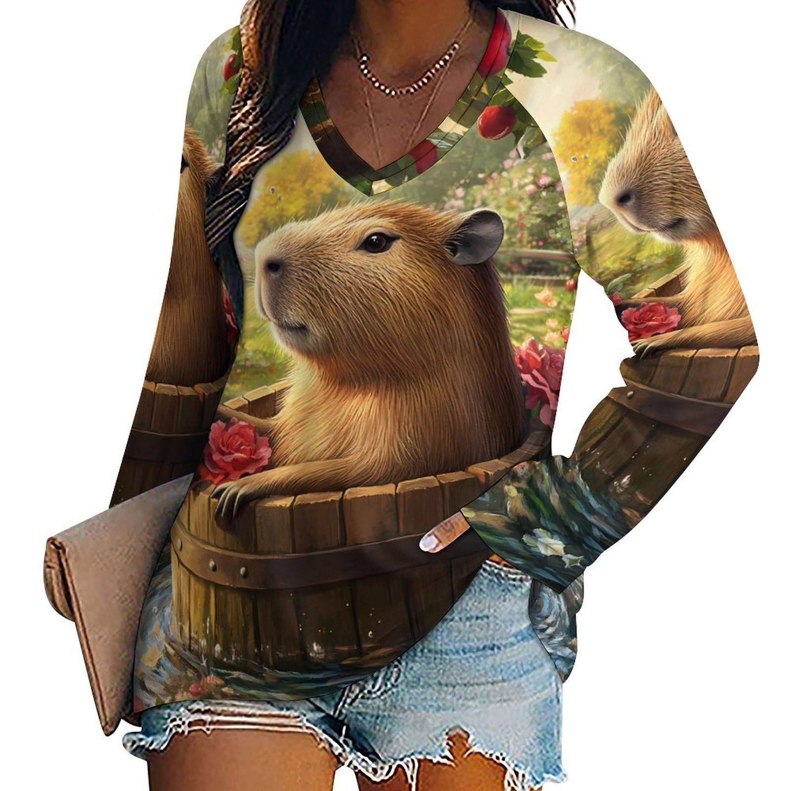 Asbwuo Unisex As Pic Capybara Long Sleeve Shirts Loose T Shirts V-Neck Tees Tops Casual Sweatshirt For Women