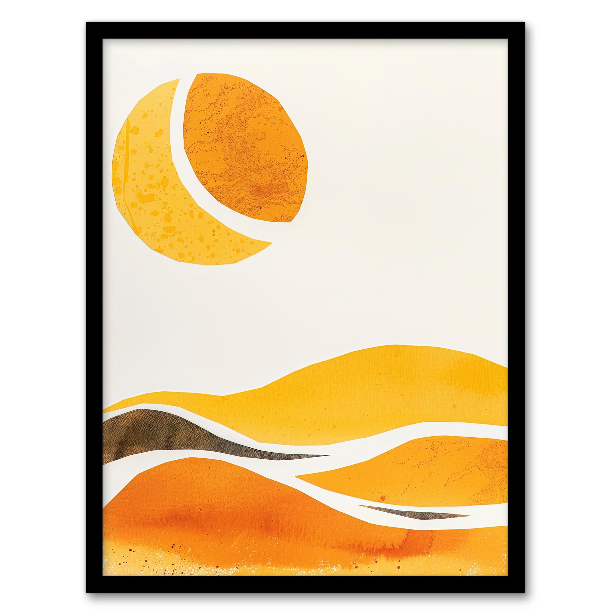 Artery8 Abstract Orange Amber Landscape Hills and Sun Living Room Artwork Framed Wall Art Print A4