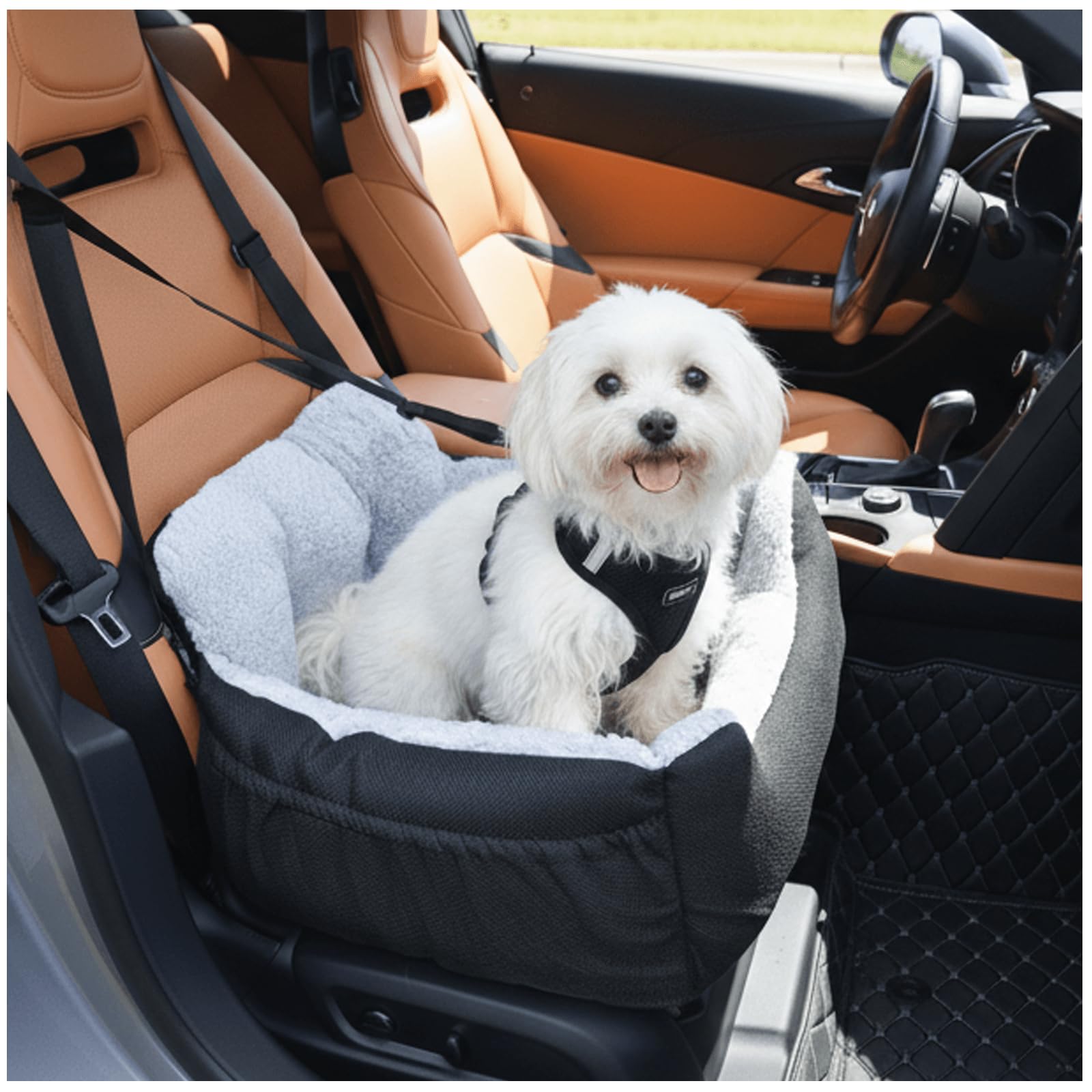 Oiilores Dog Car Seat for Small Dogs,Washable Pet Booster Seats for Car with Clip-On Safty Leash, Reversible Puppy Carseat with Storage Pockets, Travel Carrier Bed for Dogs Under 25 lbs, Grey