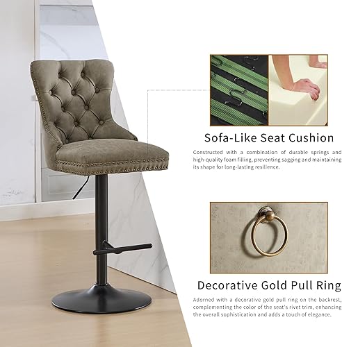 Miniatura 10 de Juego de 2 taburetes de bar giratorios de terciopelo negro con respaldo tapizado, taburetes de bar ajustables en altura de mostrador, sillas de bar