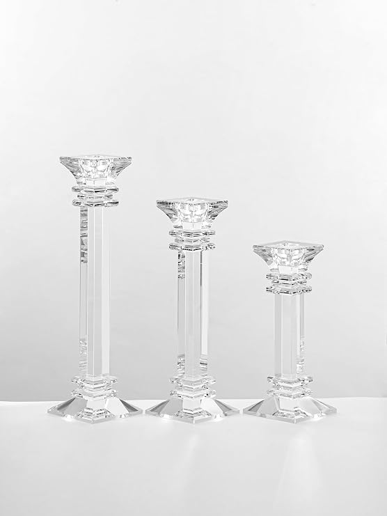 Crystal Candle Holders – Genuine Candlestick & Pillar Holder – Fine Craftsmanship Ultra Elegant and Modern Centrepiece Decor – Ideal for Living Room, Bedroom & Events (3, 20 +25 +30 cm)