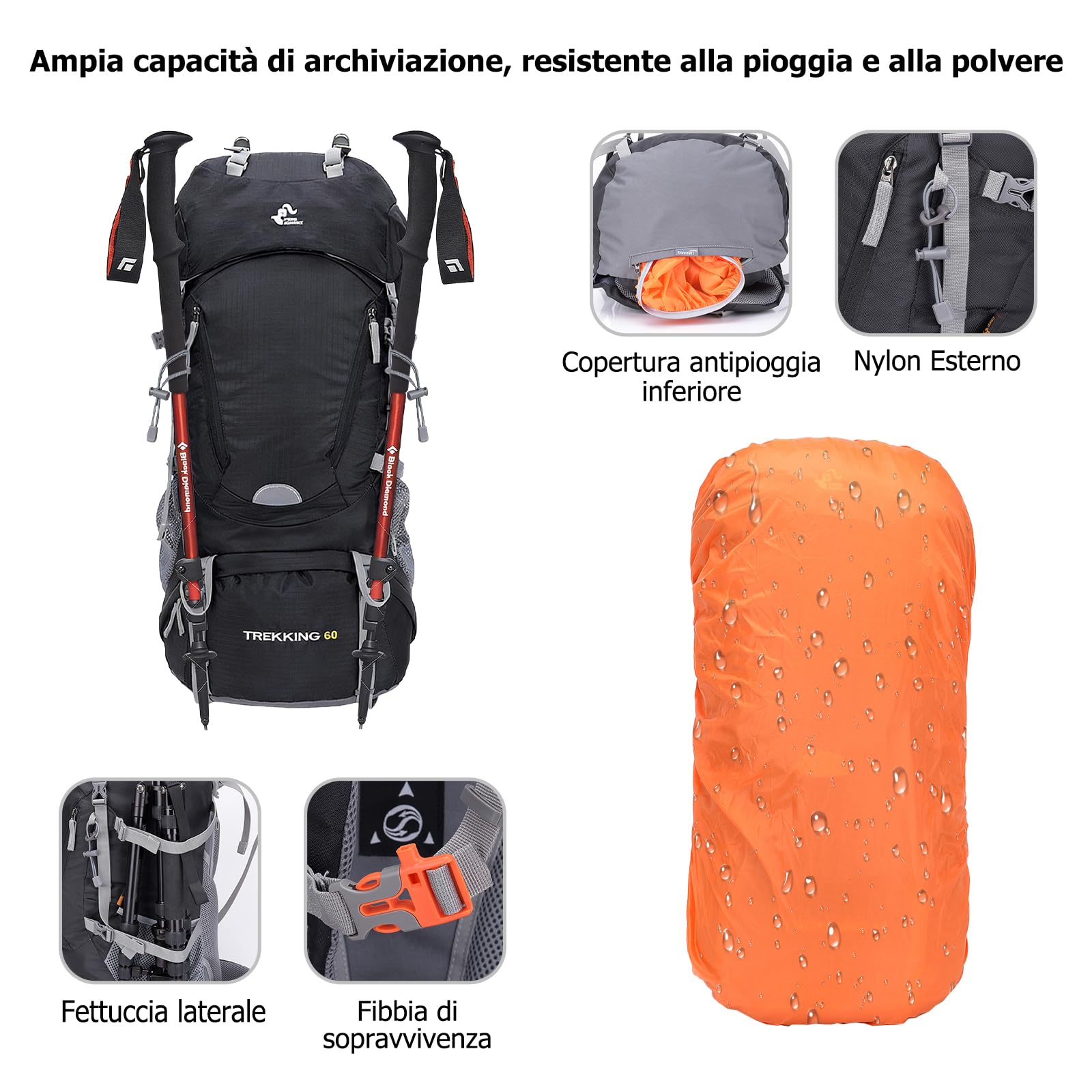 60L Zaino Outdoor Zaino da Trekking Grande Zaini Resistente con Copertura per la Pioggia Donna Uomo Backpack per Escursionismo Campeggio Arrampicata Viaggio Verde