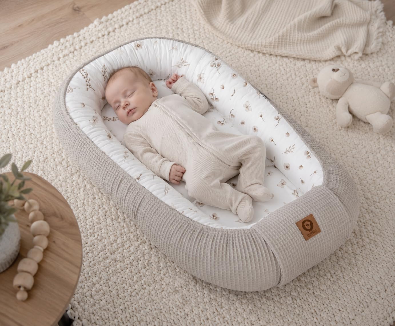 Babynestchen Neugeborene – Nestchen Baby aus Waffel Baumwolle & Baumwollstoff – Babynest für Babybett & Kinderbett – Baby Kokon Tragbar – OEKO-TEX zertifiziert – Zubehör für Babybett - Tauwiese + Sand