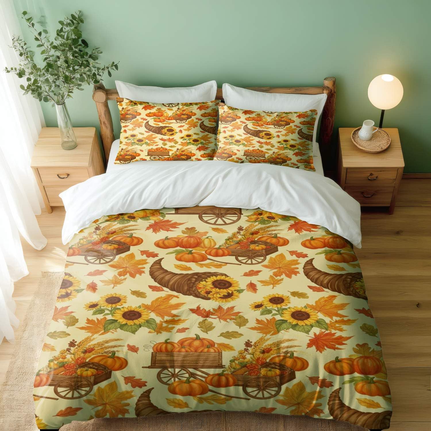 Housse de couette vintage automne parure de lit respirante beige citrouille 200x200cm