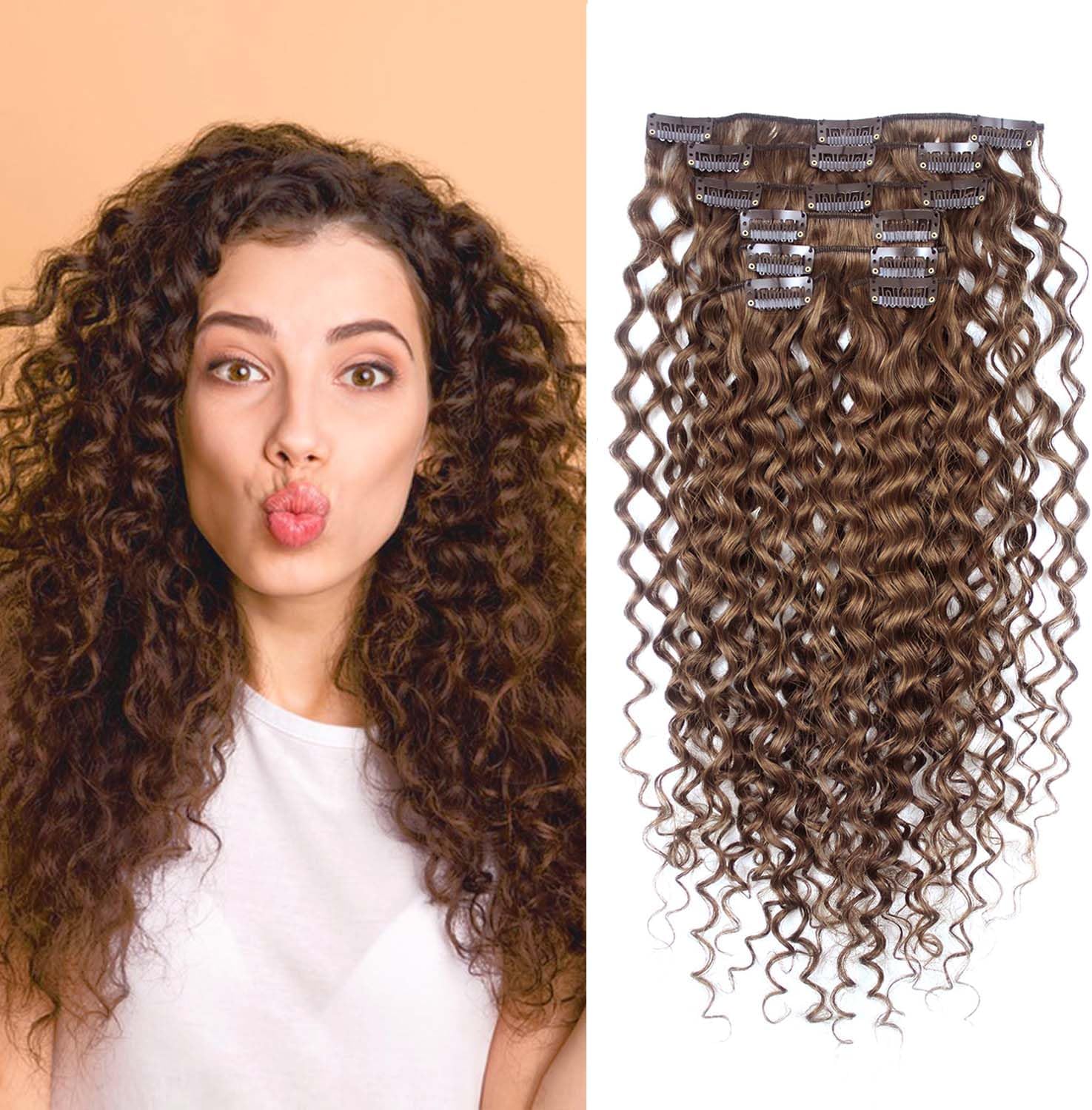 Flying Beauty Deep Curly Wave Brazilian Hair Light Brown Curly Clip in 100% Human Hair Extensions 18 Inch 7pcs Remy Hair Clip 80g #8