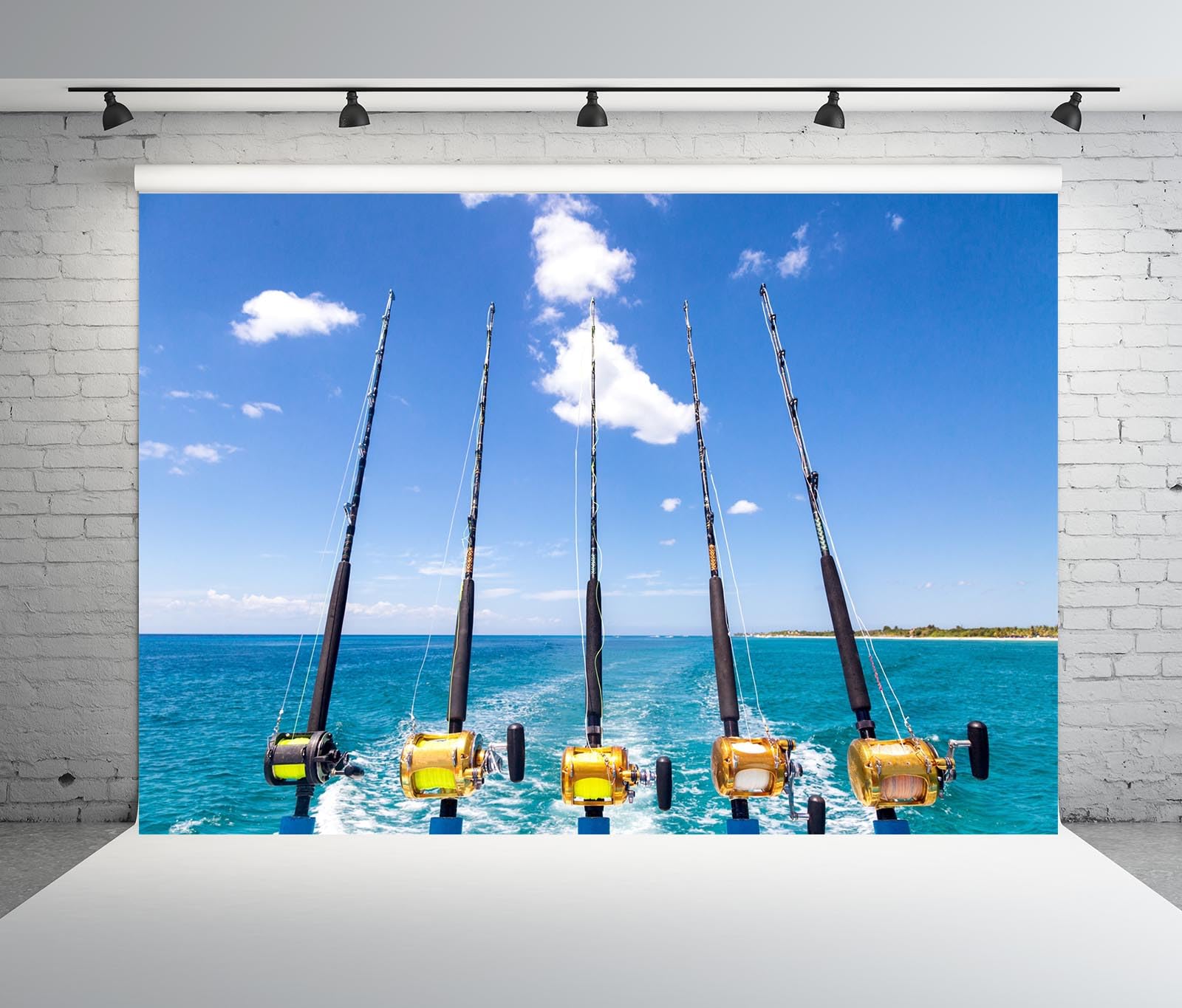 BELECO 7x5ft Fabric Fishing Backdrop Blue Ocean Fishing Boat Fishing Poles Blue Sky Clouds Background Fishing Theme Party Decorations Banner Birthday Shoot Photo Booth Studio Props : Electronics