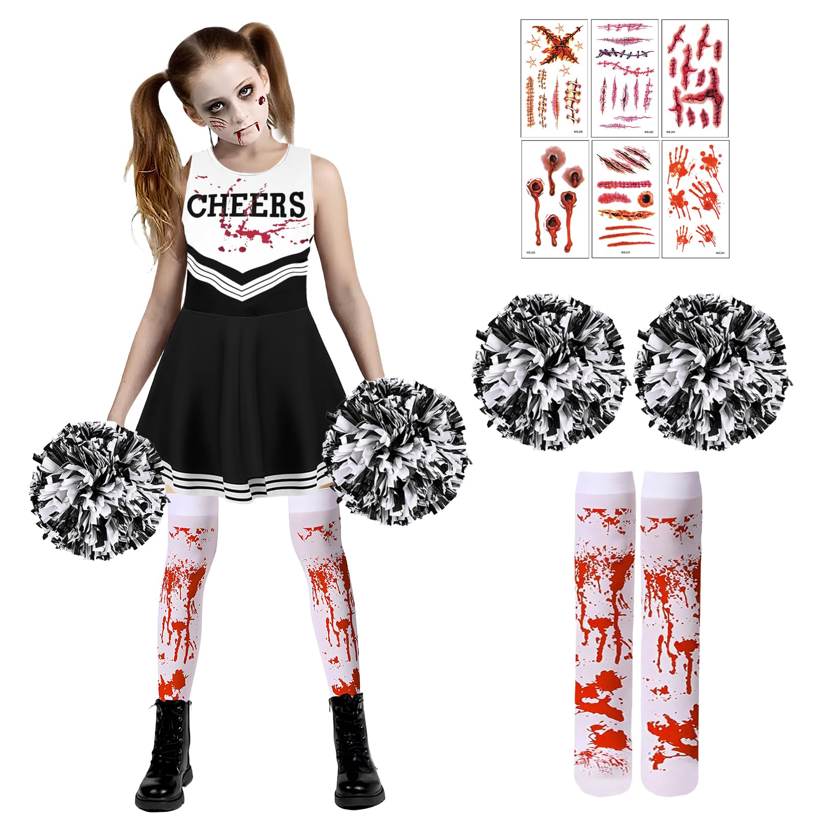 NebulaGlam Children's Cheerleader Costume Halloween, Zombie Cheerleader Costume