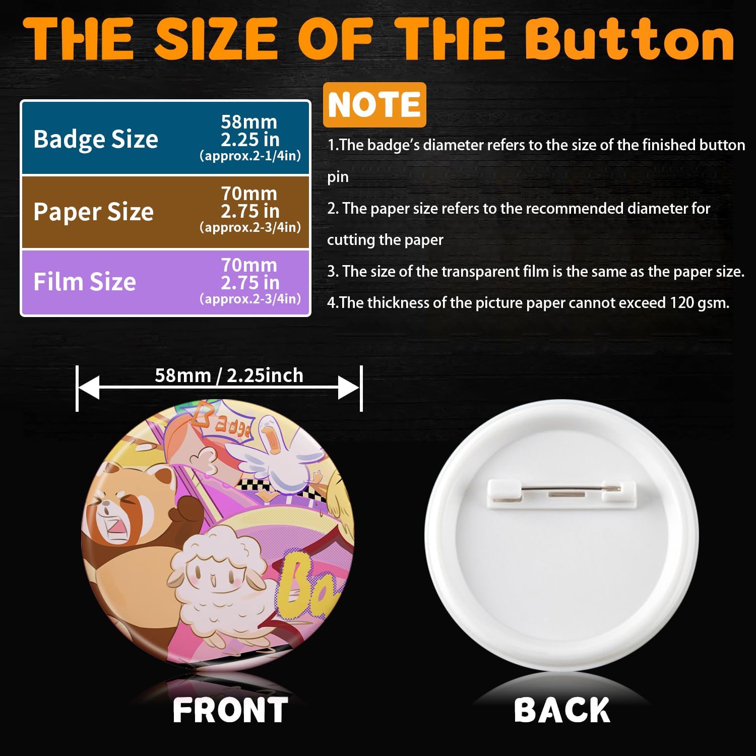 200 Sets 58mm / 2.25 in (Approx. 2-1/4 inch) Button Making Supplies for Your Round Button Maker Machine, Including Metal Covers, Plastic Back Covers, Clear Plastic Film, Blank Paper & Holographic Bags