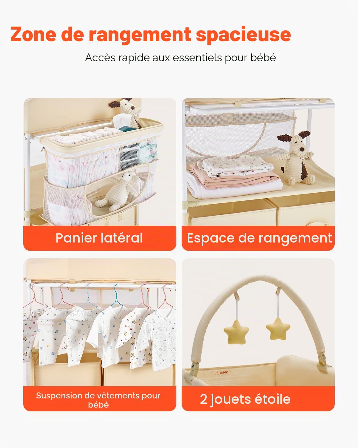 VEVOR Table à Langer Pliable, Plan à Langer 2 Tiroirs en Tissu, Panier Latéral et Tringle de Suspension, Meuble pour Bébé Réglable en Hauteur, avec Roulettes Verrouillables et 2 Jouets Étoiles, Beige