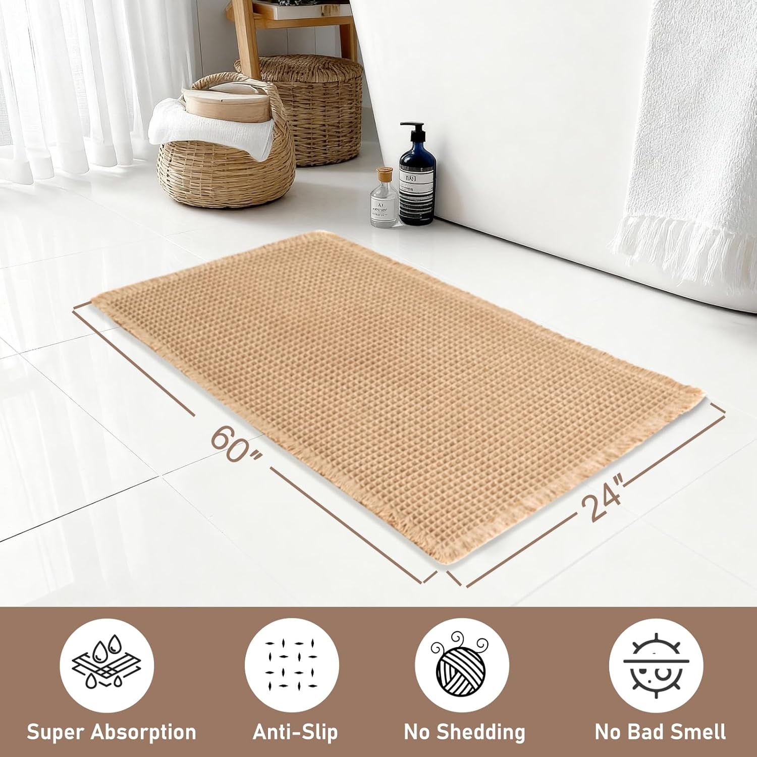 Hiasan Waffle Bath Mat, Super Absorbent Non Slip Bathroom Boho Rug with Tassels, Machine Washable Bath Mats for Bathroom, Ultra Soft Rubber Backed Rug, Brown, 24 x 60 Inches