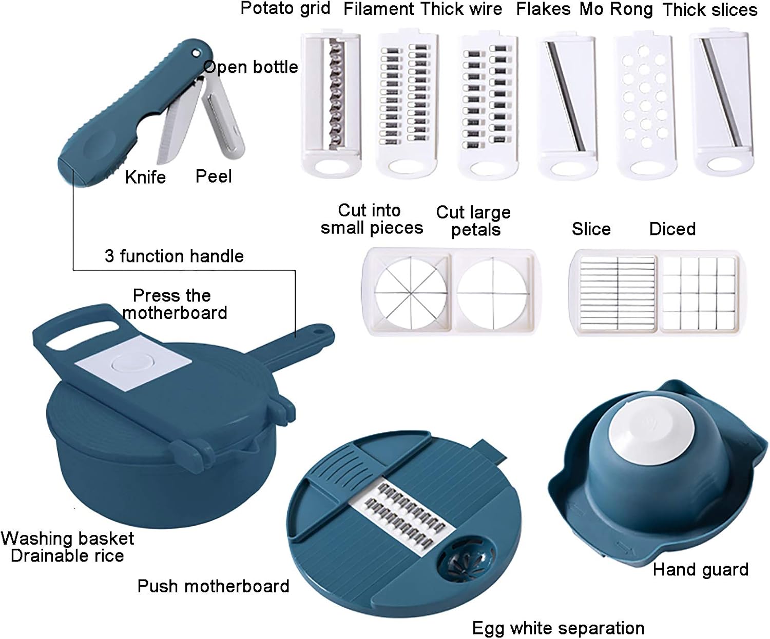 Mandolin Slicer for Partato Salad Fruit Carrot Onion Chopper Dicer Cutter Multifunctional Food Chopper Peeler with Container and Egg Separator, Manual, Plant-Based, 28 x 18 x 7.5 cm