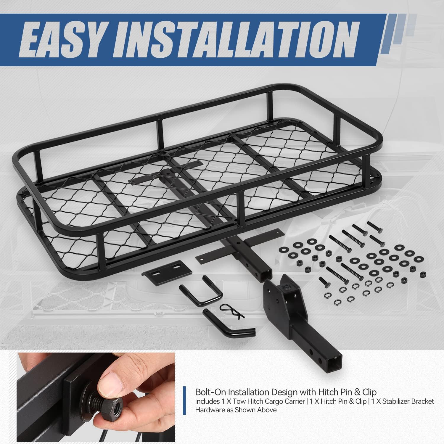 Auto Dynasty Universal Rear Fold-Up Tow Hitch Trailer Cargo Holder Carrier Basket Compatible with 2 Inch Tow Receiver Car Model, Carbon Steel, Black Powder Coated