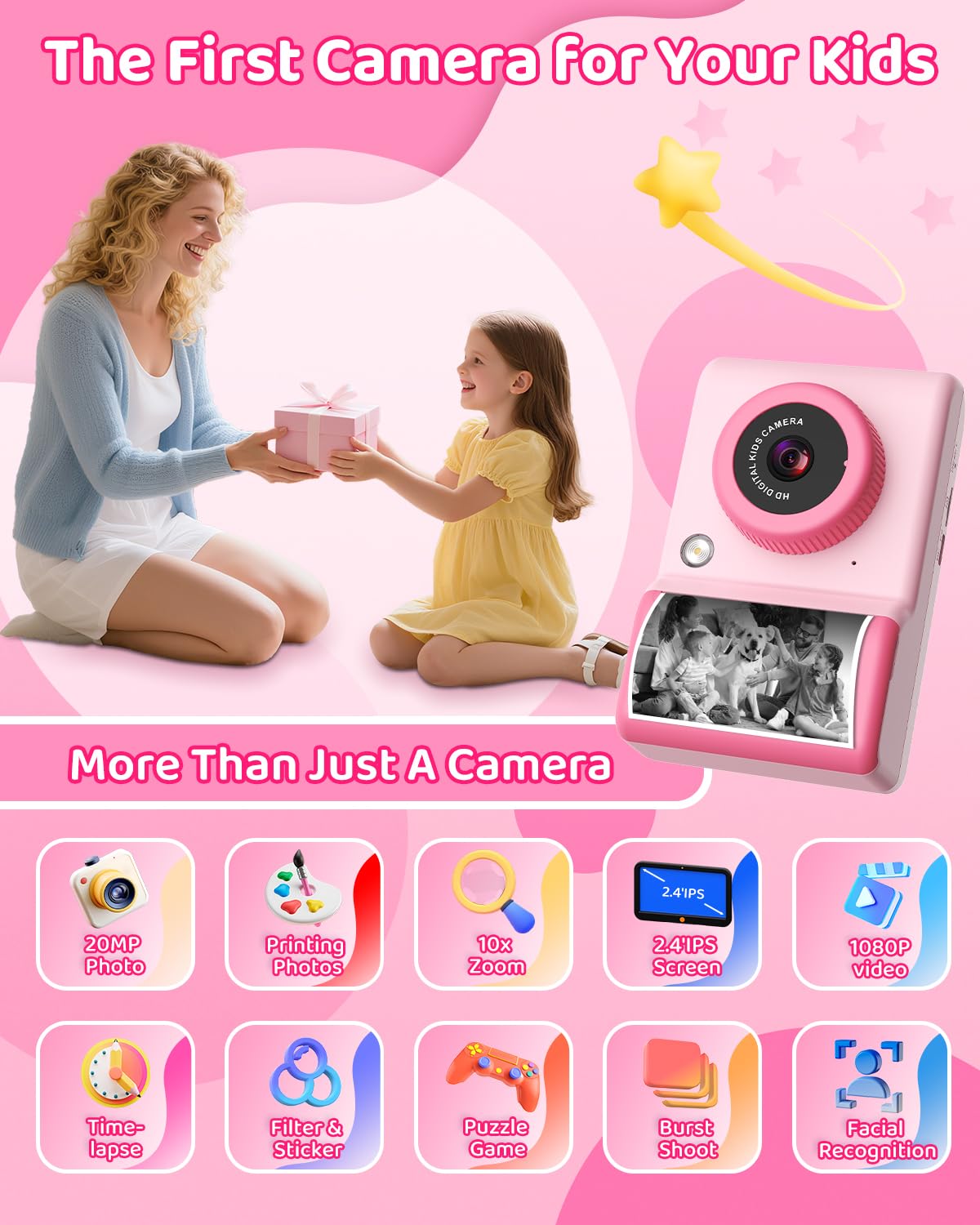 Macchina Fotografica Bambini Istantanea, 20MP 1080P Fotocamera Digitale Bambini 2,4 Pollici Fotocamera Istantanea con 32GB Scheda, Carta da Stampa, Flash LED, Regalo per Bambina e Bambino 3-12 Anni