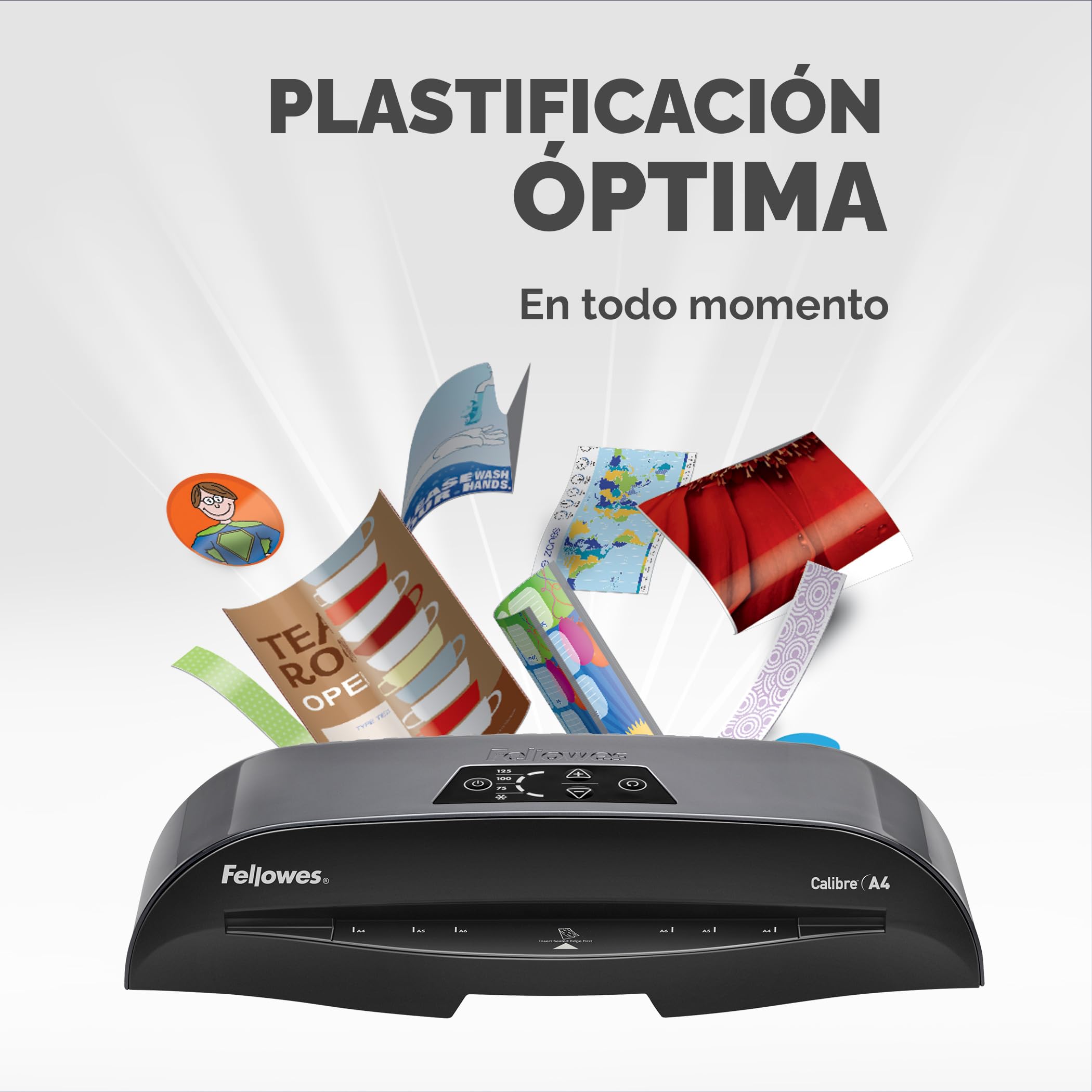 Fellowes Plastificadora A4 Calibre para pequeñas oficinas, 1 minuto de calentamiento con apagado automático y modo de reposo - 80-125 micras, Incluye 10 fundas de plastificación A4, Negro