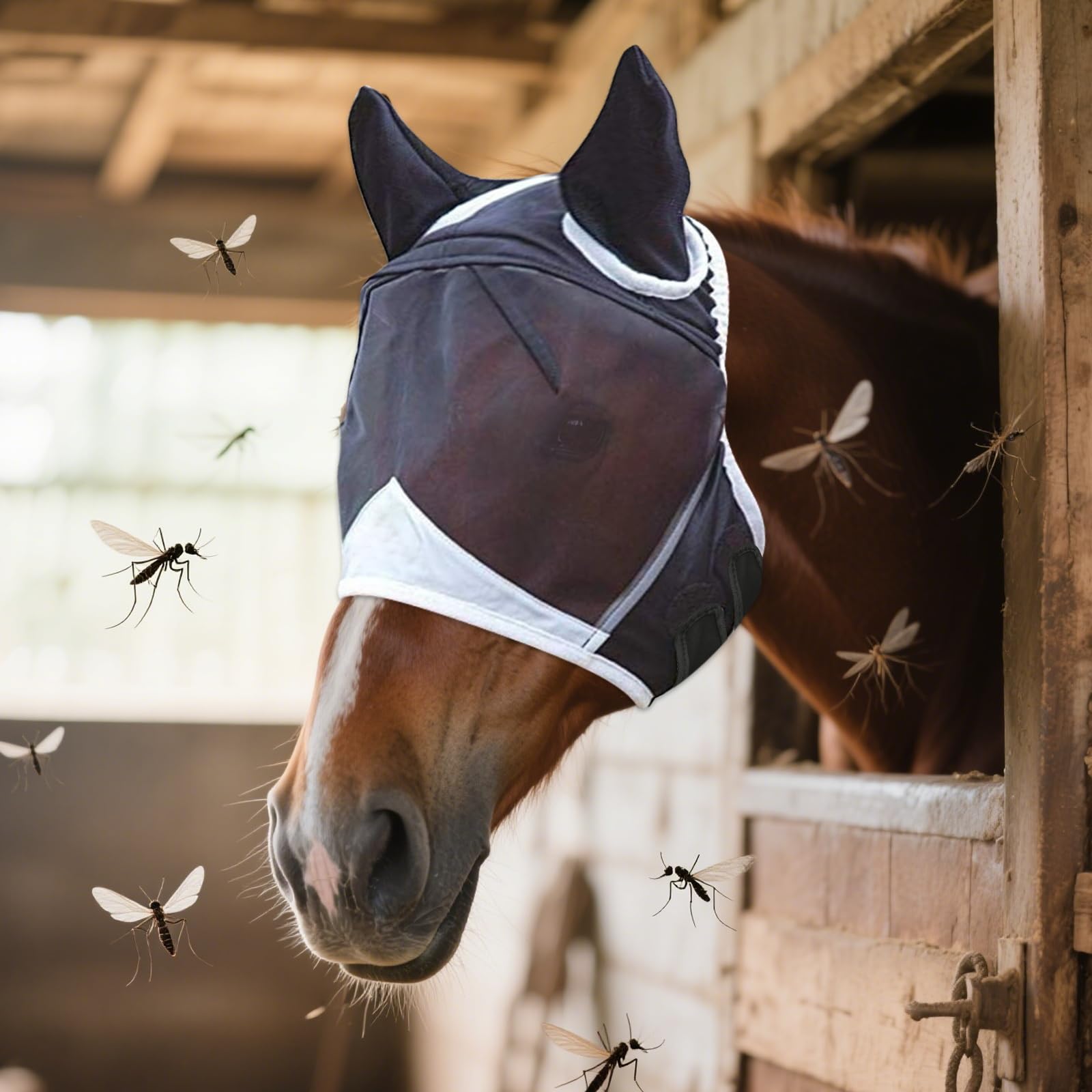 Máscara de mosca para caballo con protección UV, orejas de mosca, respirabilidad