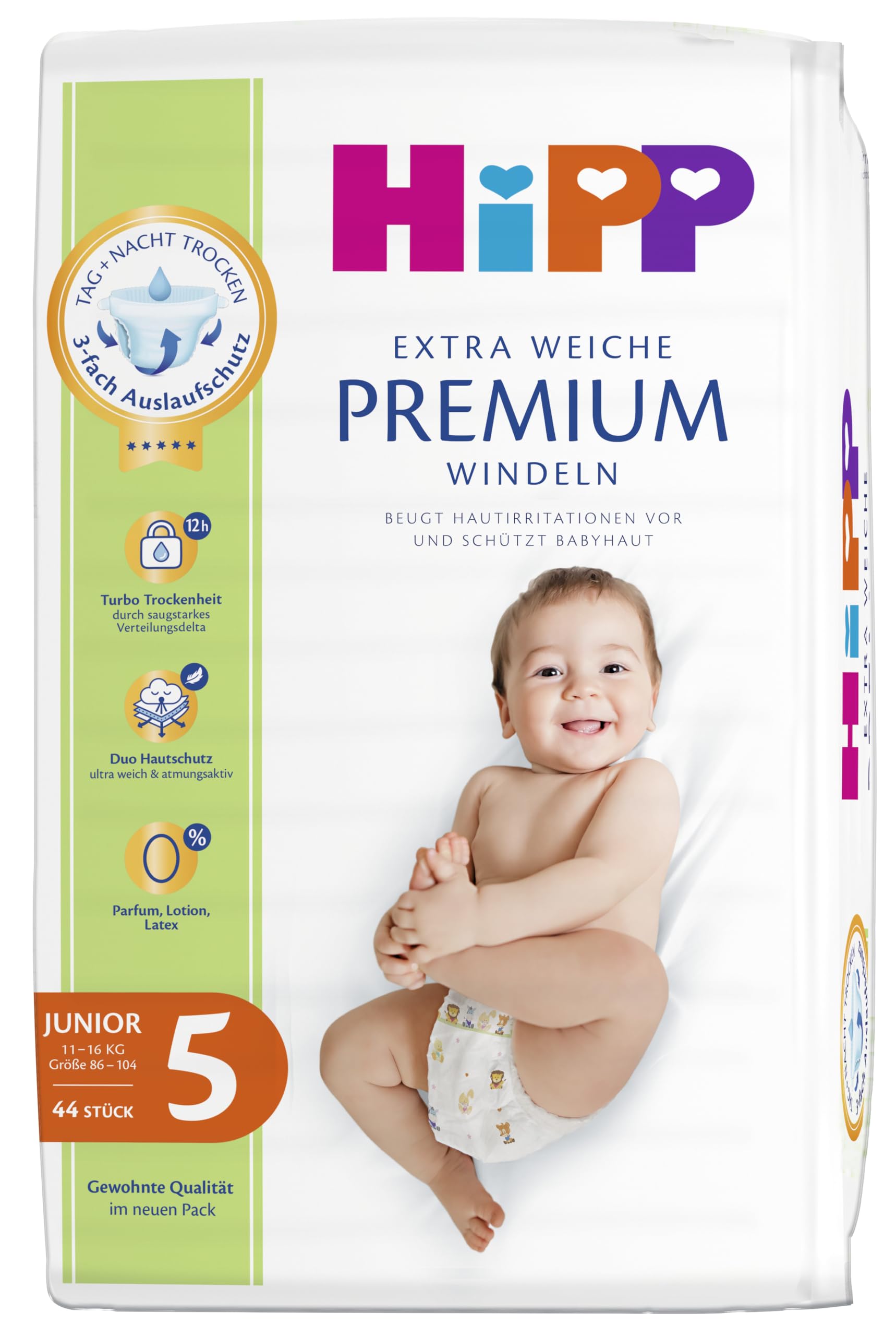 HiPP Bardzo miękkie pieluchy premium rozmiar 5 (Junior, 11-16 kg), 88 sztuk (2 opakowania po 44), z potrójną ochroną przed wyciekiem i podwójną ochroną skóry