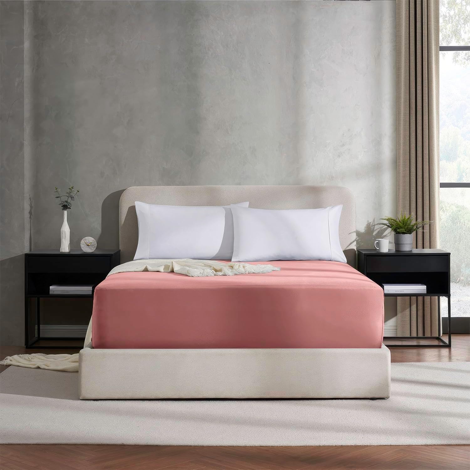 Nestl Pink Clay Extra Deep Pocket Fitted Sheet Full Size, Hotel Luxury Deep Pocket Full Size Fitted Sheet Only Easily Fits 18 to 24 Inch Mattress, Soft, Wrinkle-free, and Breathable with Corner Straps